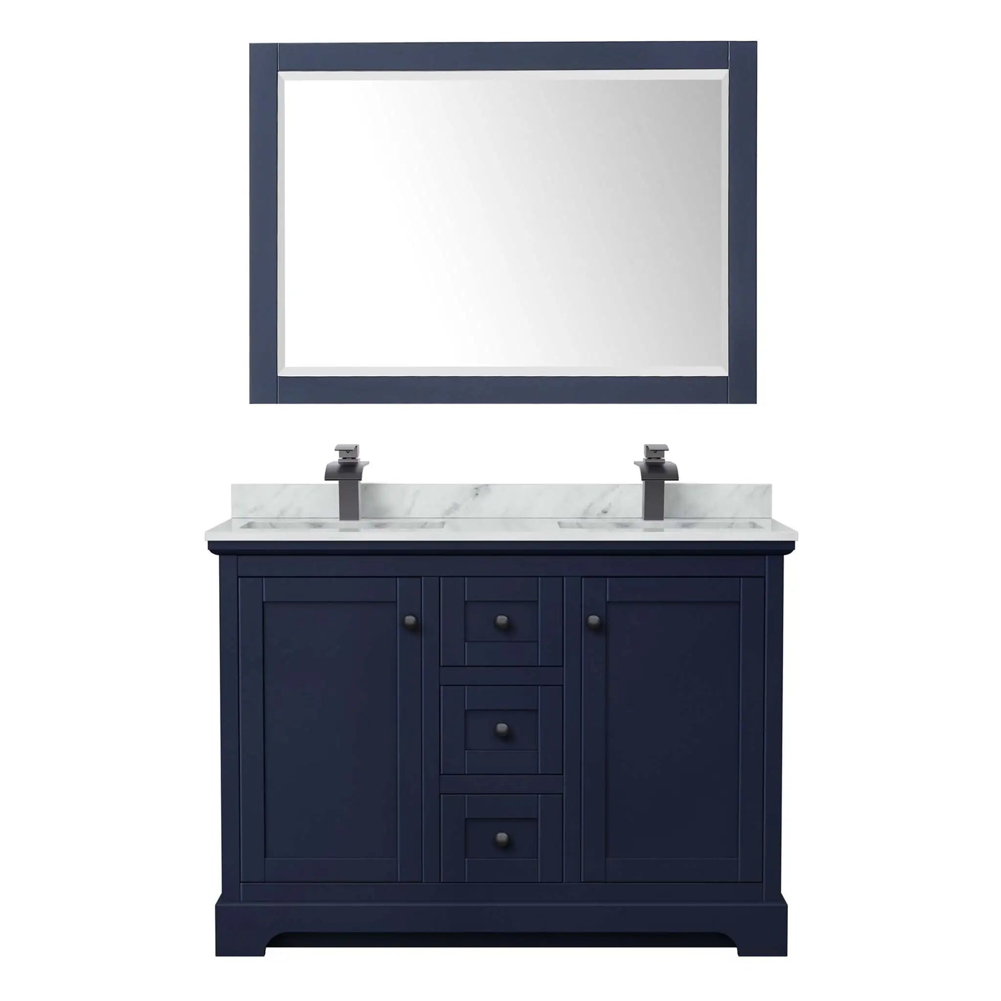 48" Avery Double Bathroom Vanity in Dark Blue with Matte Black Trim & 46" Mirror by Wyndham