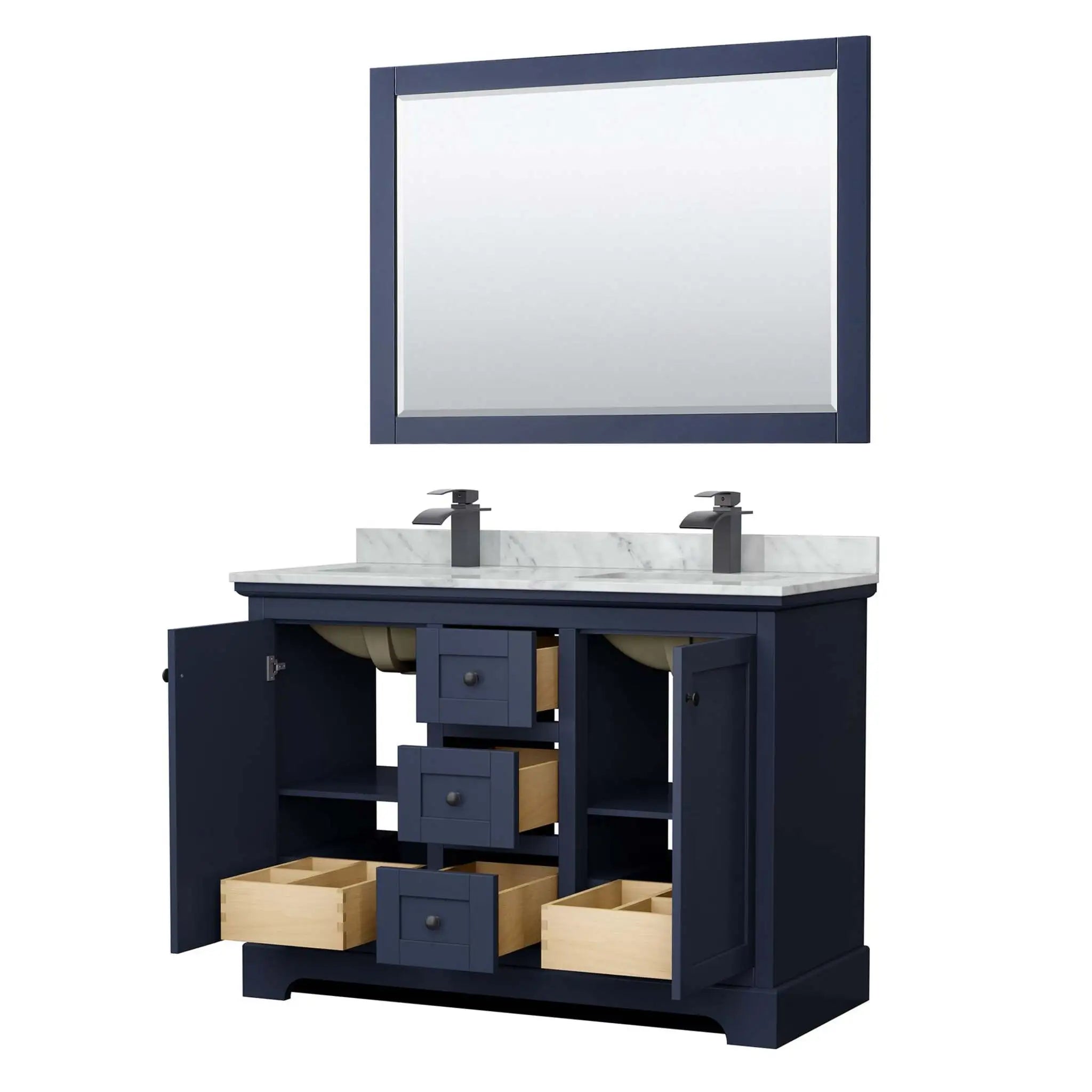 48" Avery Double Bathroom Vanity in Dark Blue with Matte Black Trim & 46" Mirror by Wyndham