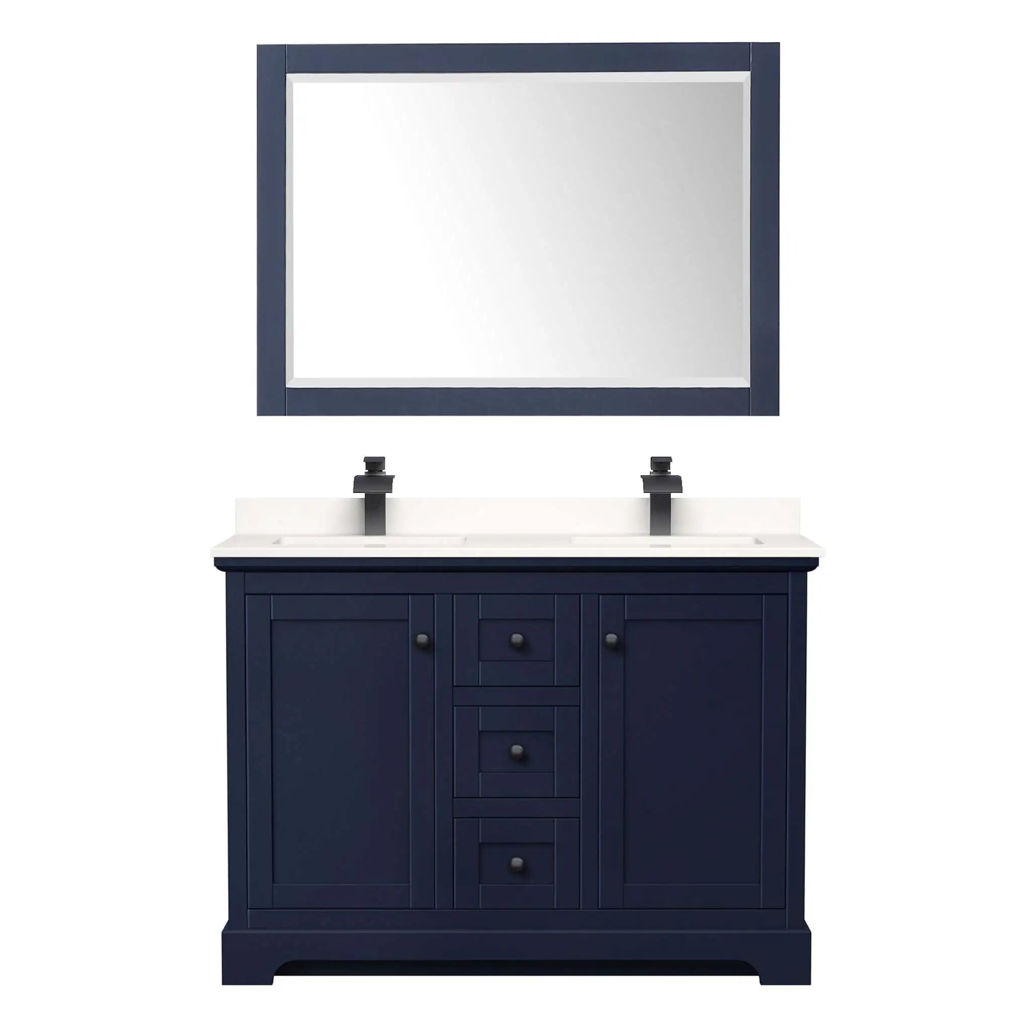 48" Avery Double Bathroom Vanity in Dark Blue with Matte Black Trim & 46" Mirror by Wyndham