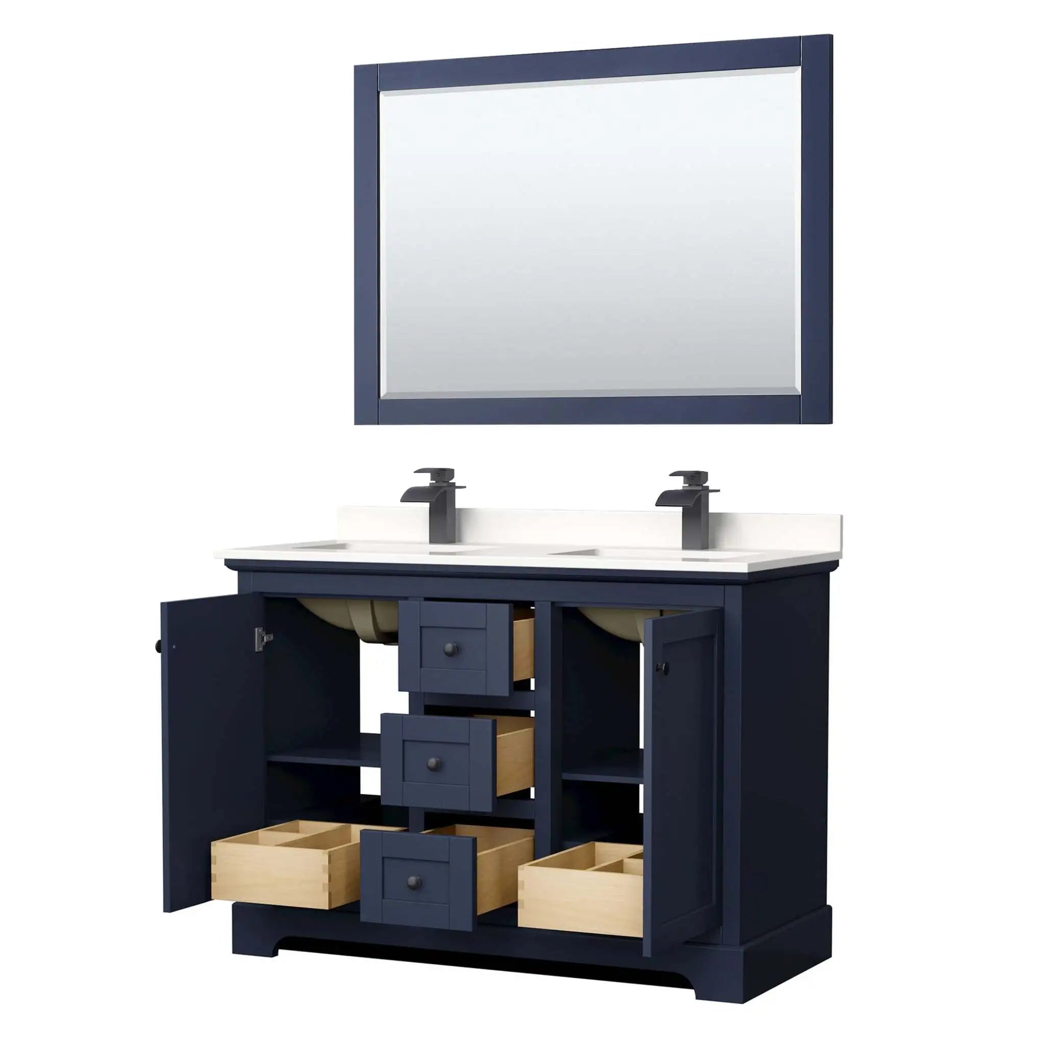 48" Avery Double Bathroom Vanity in Dark Blue with Matte Black Trim & 46" Mirror by Wyndham