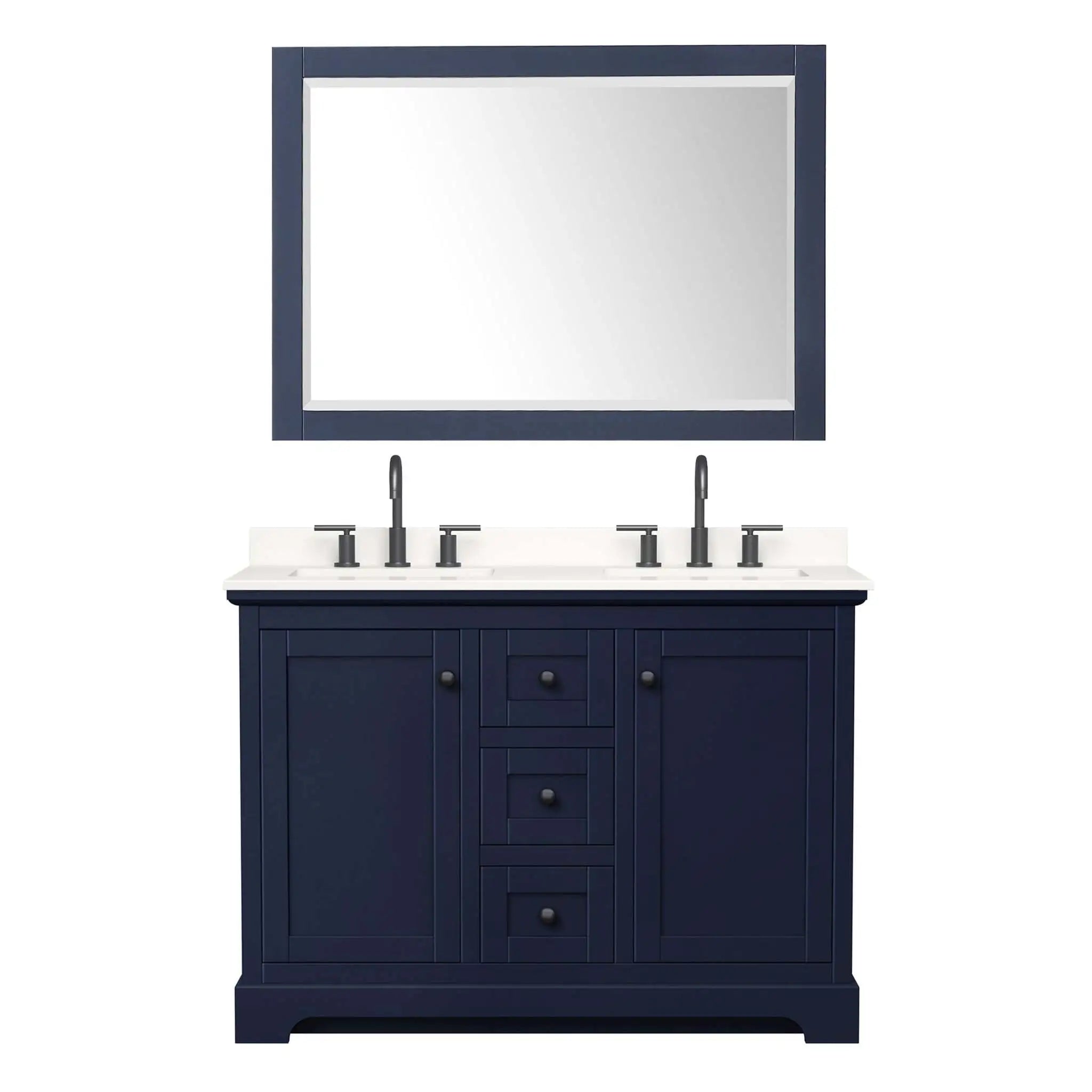 48" Avery Double Bathroom Vanity in Dark Blue with Matte Black Trim & 46" Mirror by Wyndham