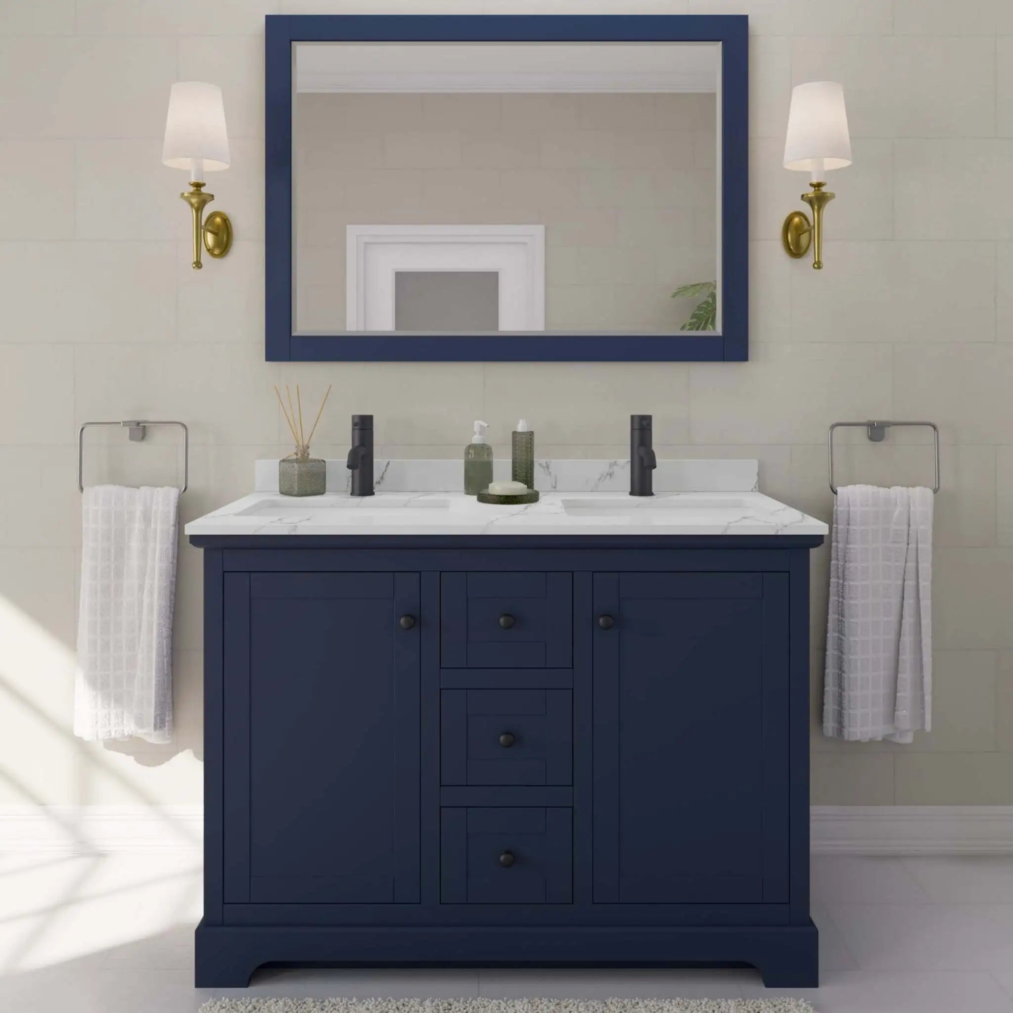 48" Avery Double Bathroom Vanity in Dark Blue with Matte Black Trim by Wyndham