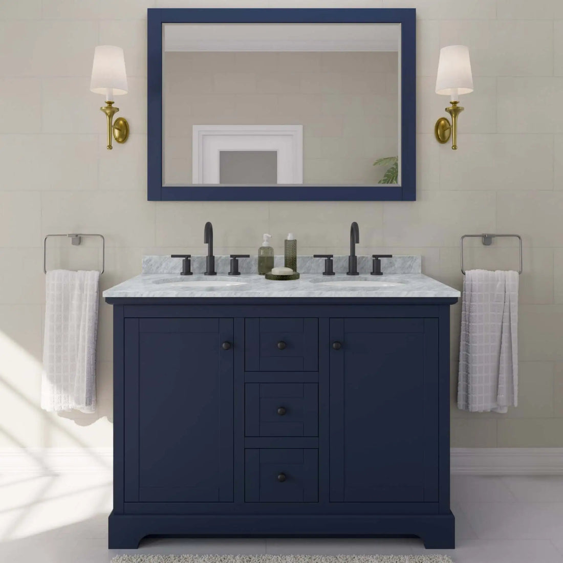48" Avery Double Bathroom Vanity in Dark Blue with Matte Black Trim by Wyndham