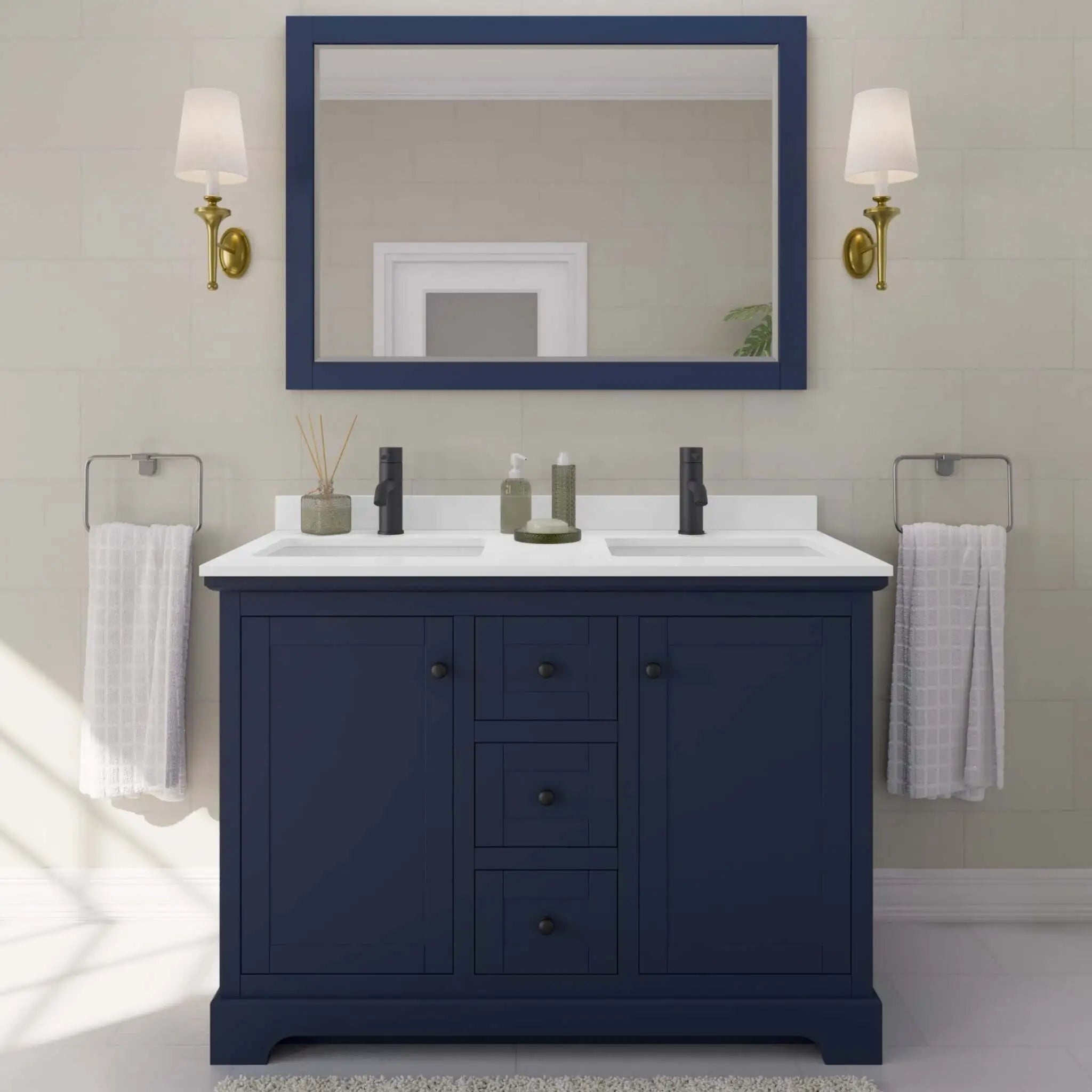 48" Avery Double Bathroom Vanity in Dark Blue with Matte Black Trim by Wyndham