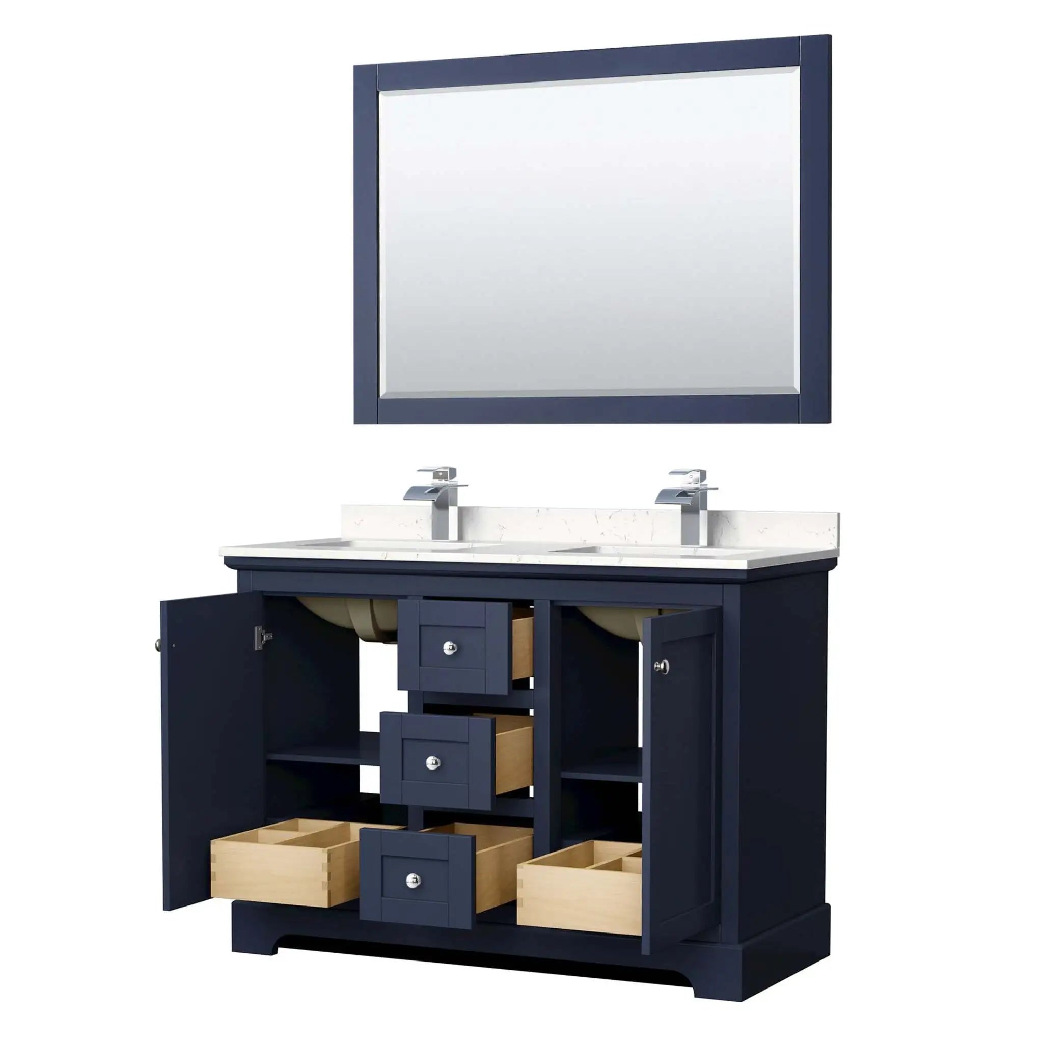 48" Avery Double Bathroom Vanity in Dark Blue with Polished Chrome Trim & 46" Mirror by Wyndham