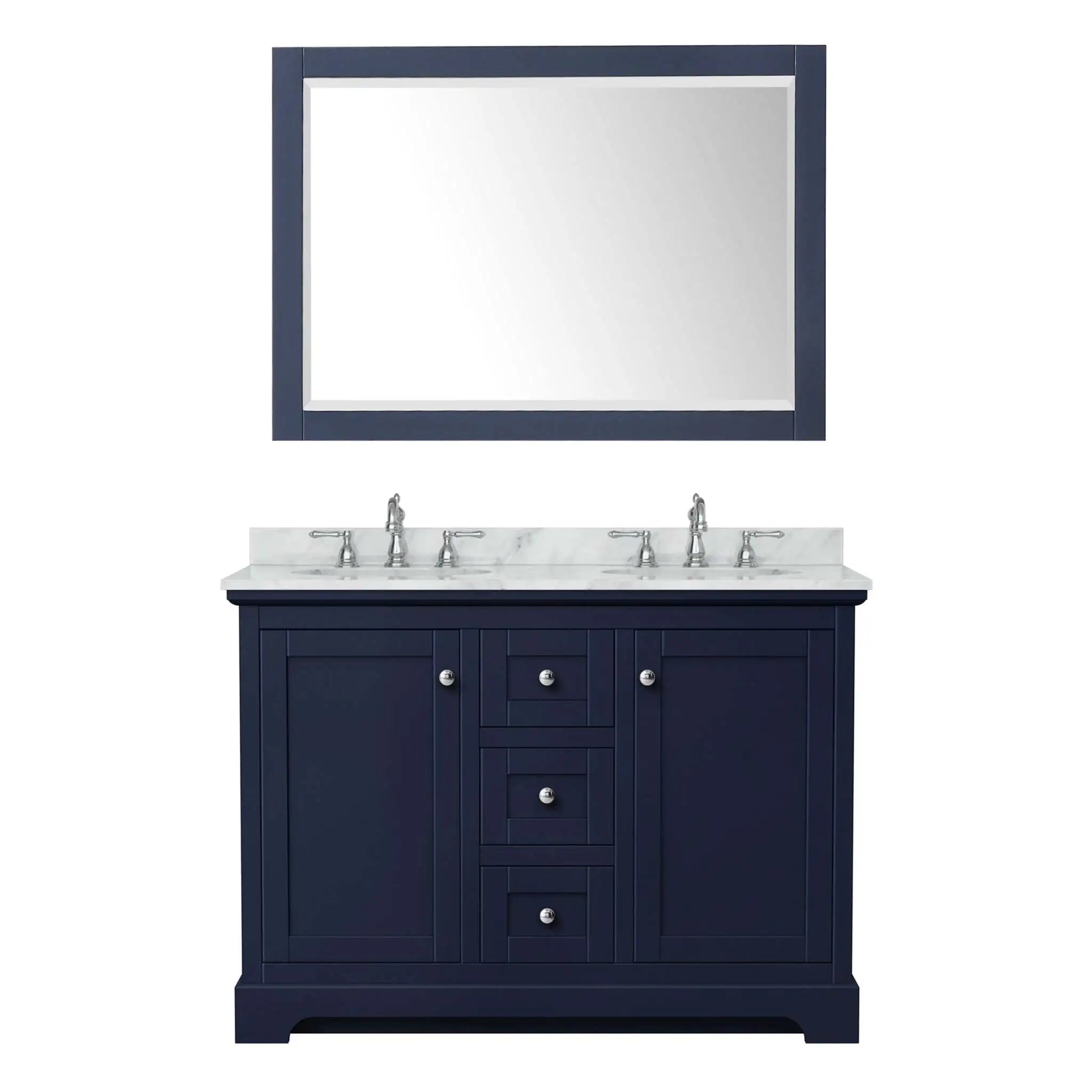 48" Avery Double Bathroom Vanity in Dark Blue with Polished Chrome Trim & 46" Mirror by Wyndham