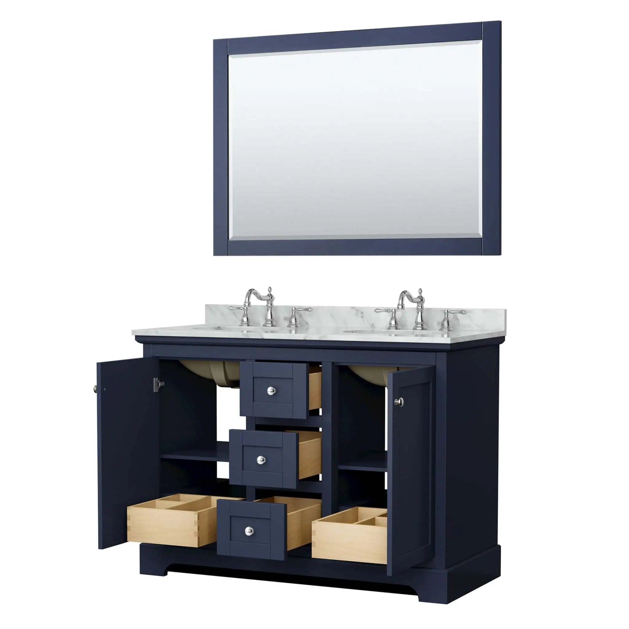 48" Avery Double Bathroom Vanity in Dark Blue with Polished Chrome Trim & 46" Mirror by Wyndham
