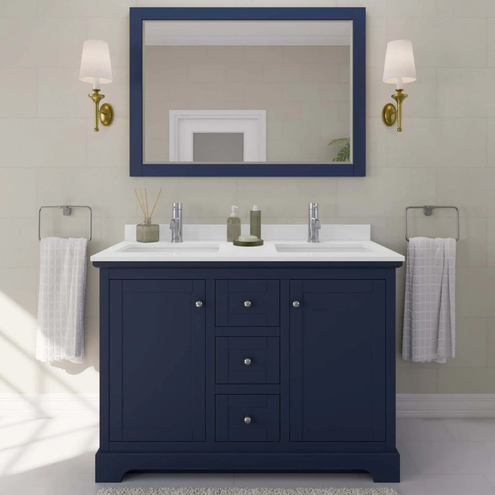 48" Avery Double Bathroom Vanity in Dark Blue with Polished Chrome Trim & 46" Mirror by Wyndham