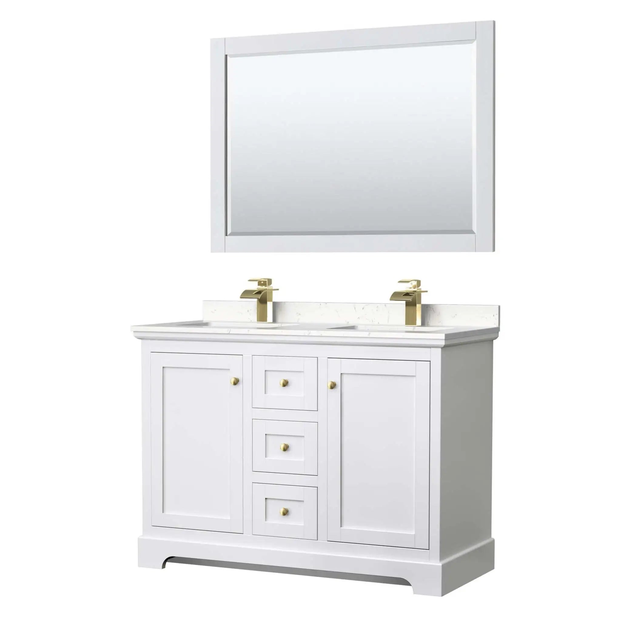 48" Avery Double Bathroom Vanity in White with Brushed Gold Trim & 46" Mirror by Wyndham