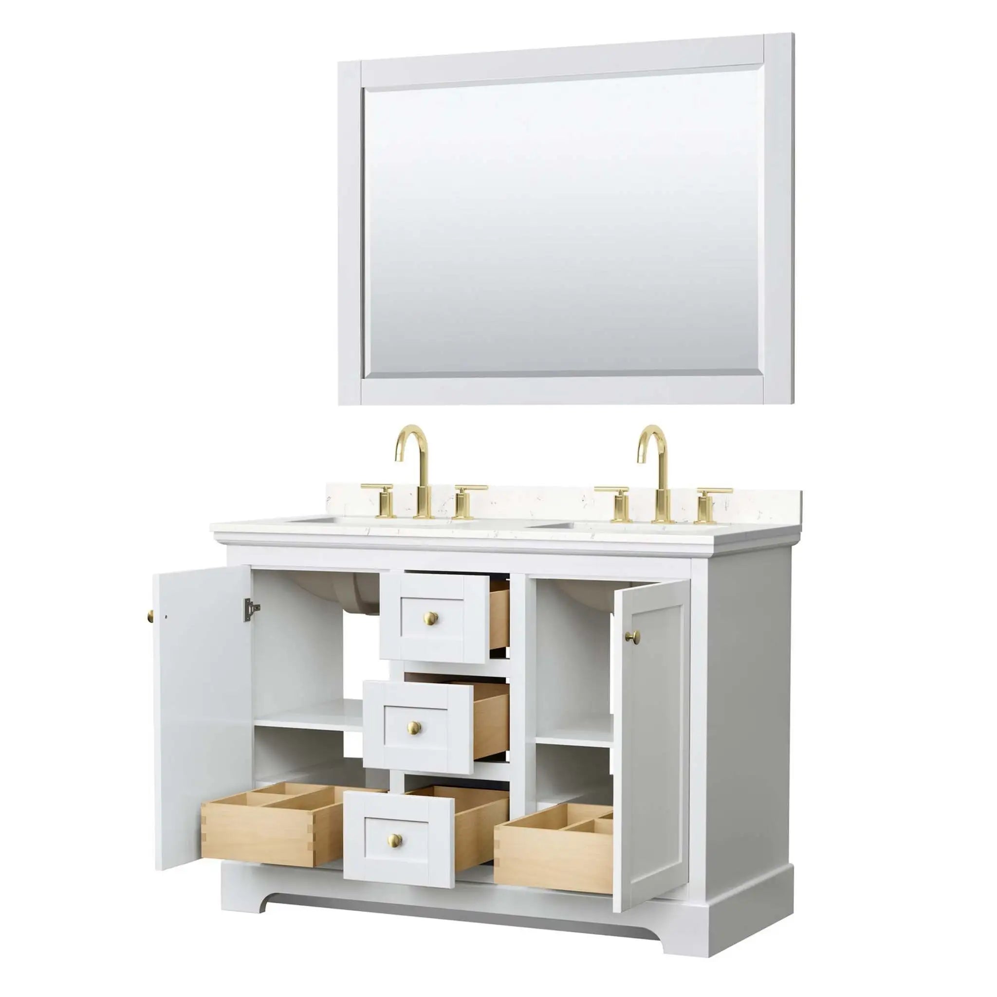 48" Avery Double Bathroom Vanity in White with Brushed Gold Trim & 46" Mirror by Wyndham