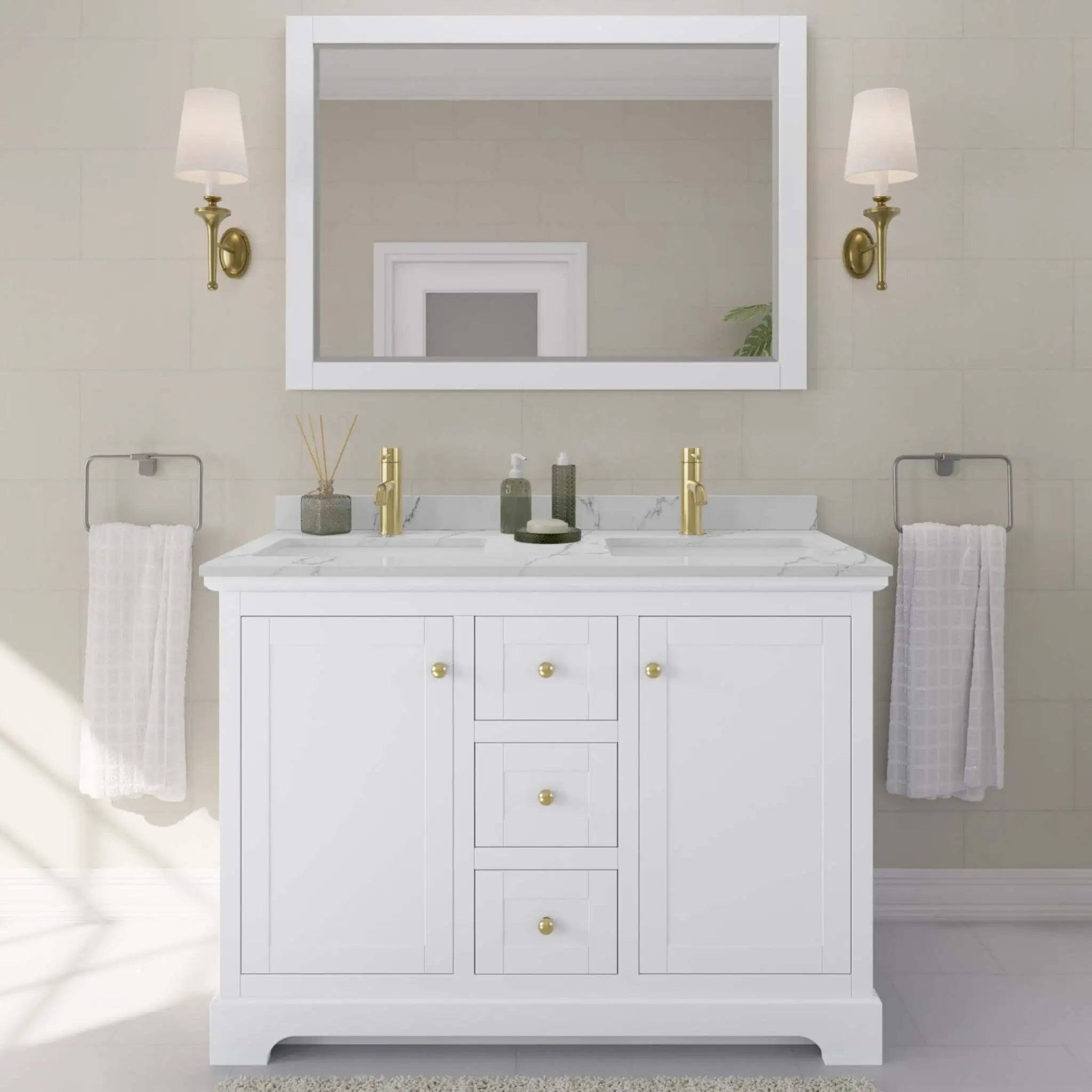 48" Avery Double Bathroom Vanity in White with Brushed Gold Trim & 46" Mirror by Wyndham