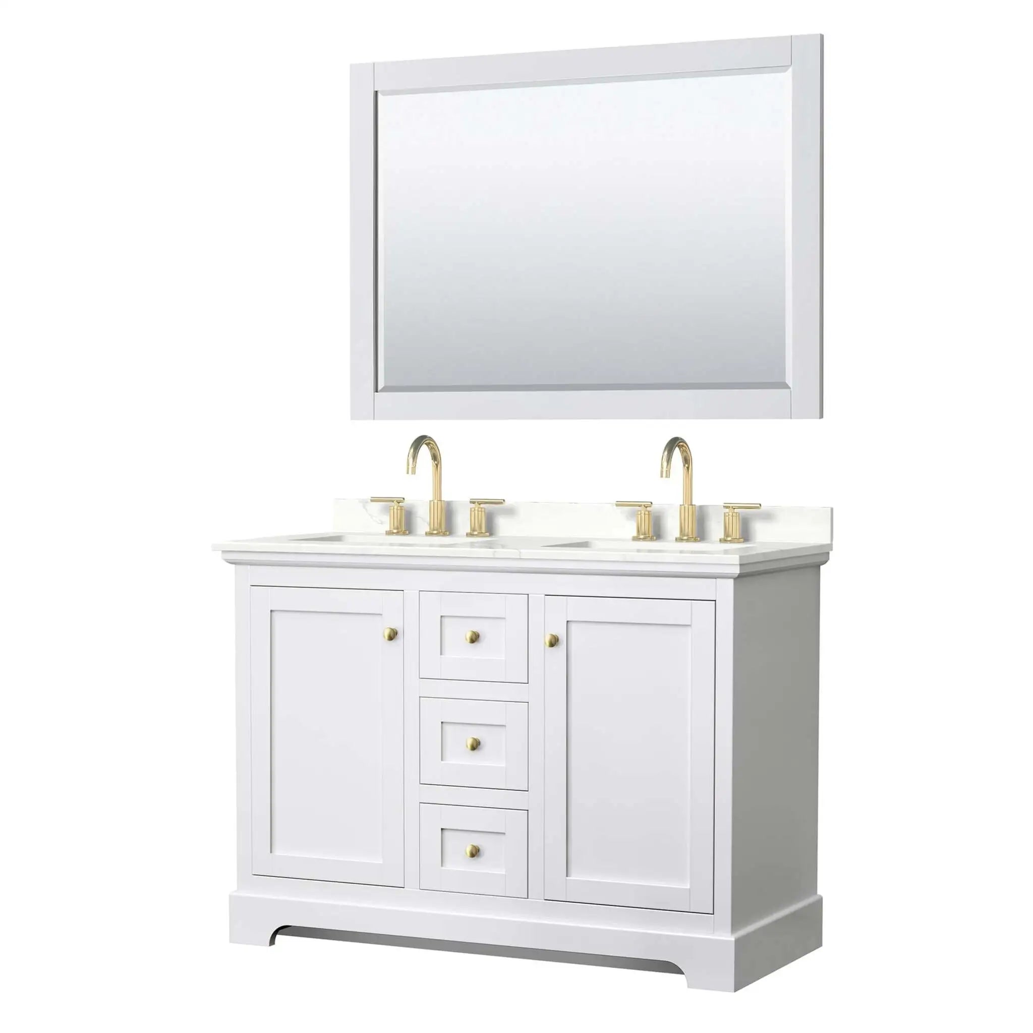 48" Avery Double Bathroom Vanity in White with Brushed Gold Trim & 46" Mirror by Wyndham