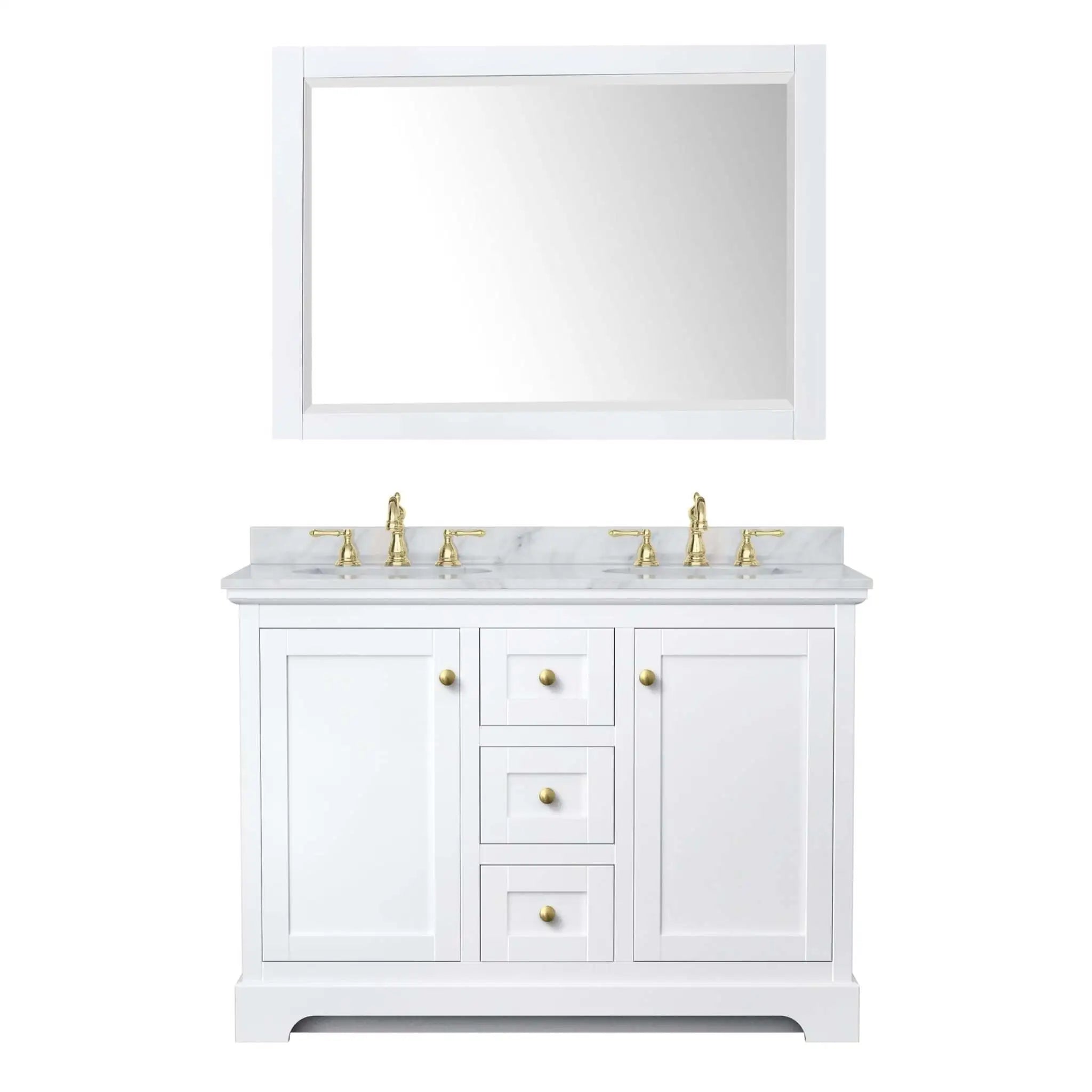 48" Avery Double Bathroom Vanity in White with Brushed Gold Trim & 46" Mirror by Wyndham