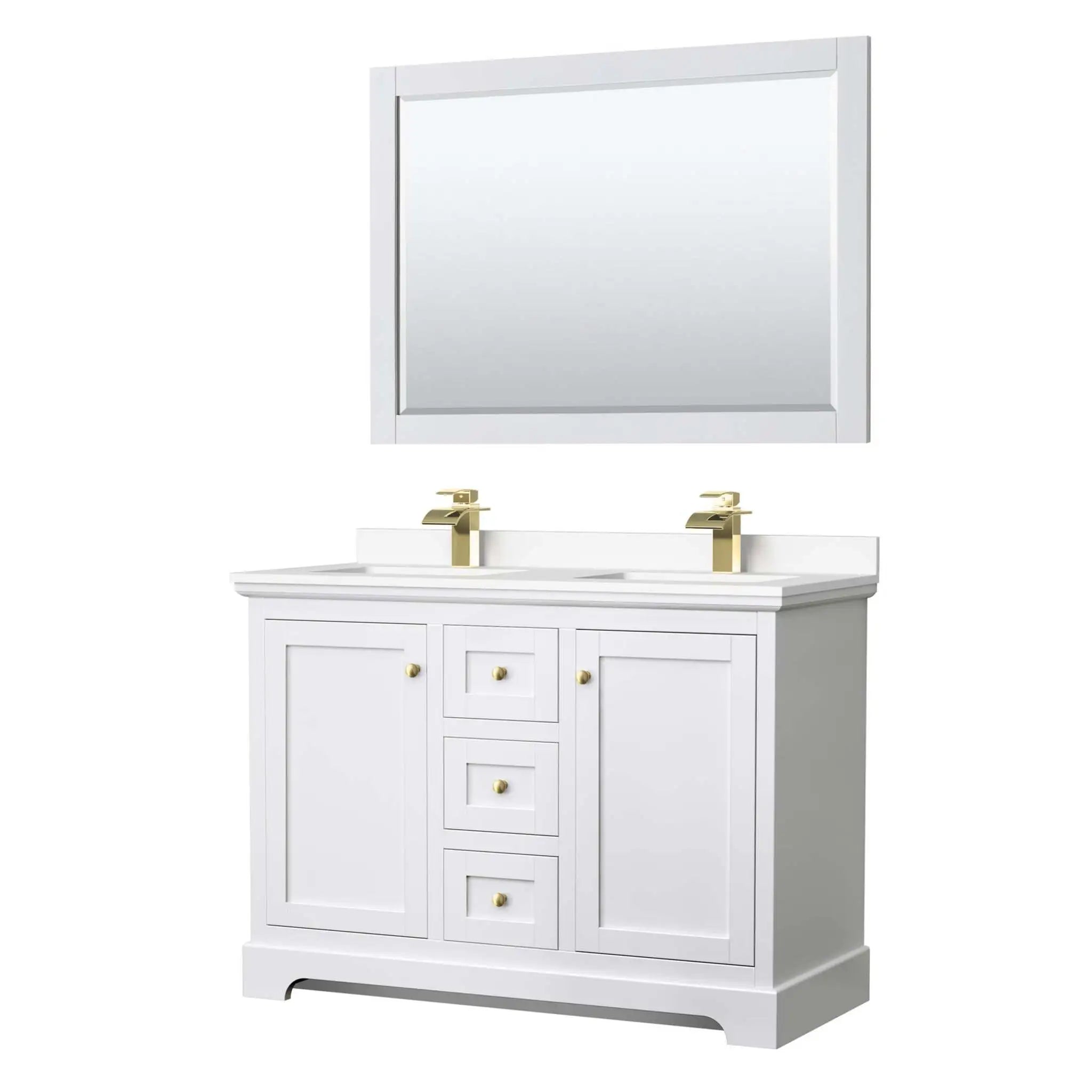 48" Avery Double Bathroom Vanity in White with Brushed Gold Trim & 46" Mirror by Wyndham