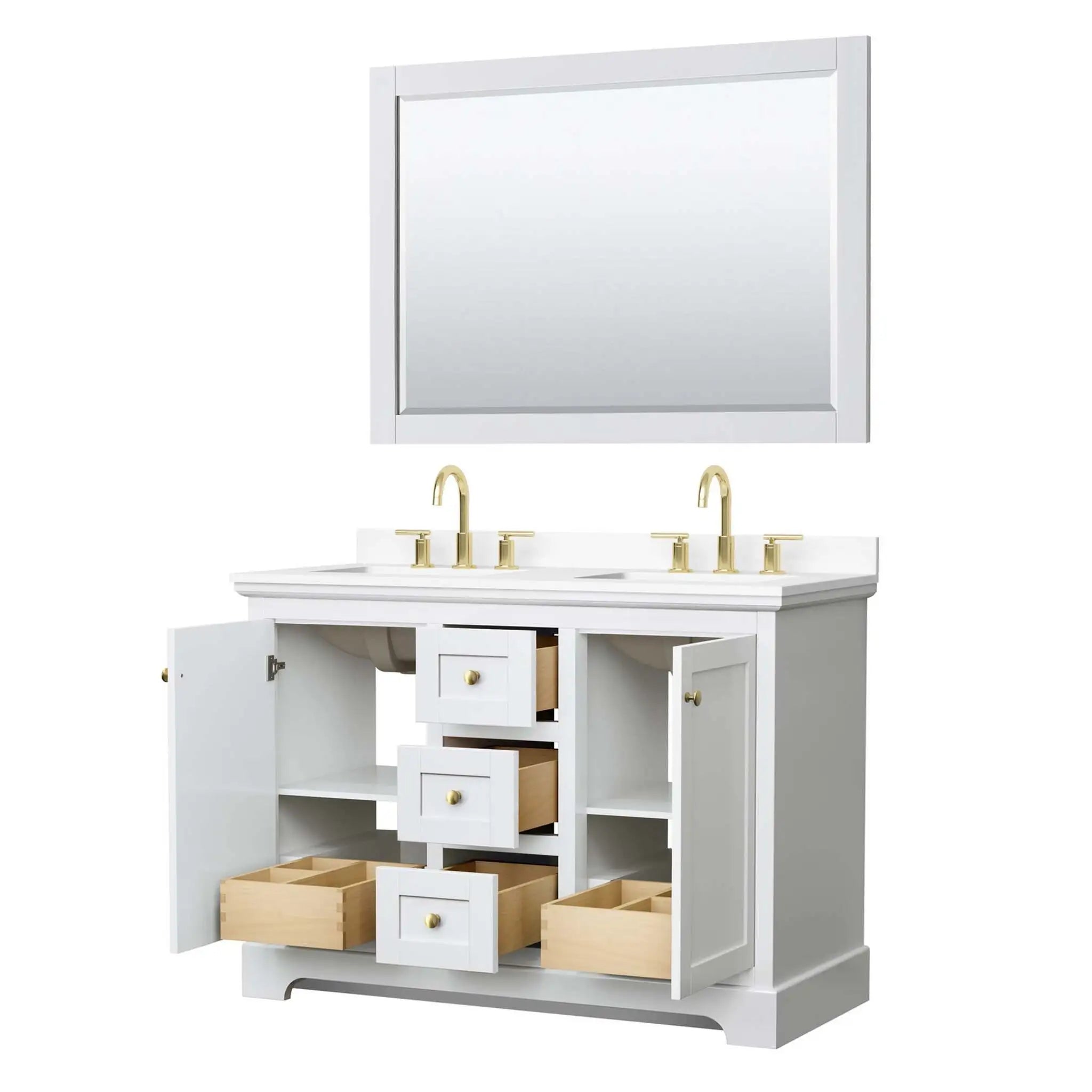 48" Avery Double Bathroom Vanity in White with Brushed Gold Trim & 46" Mirror by Wyndham