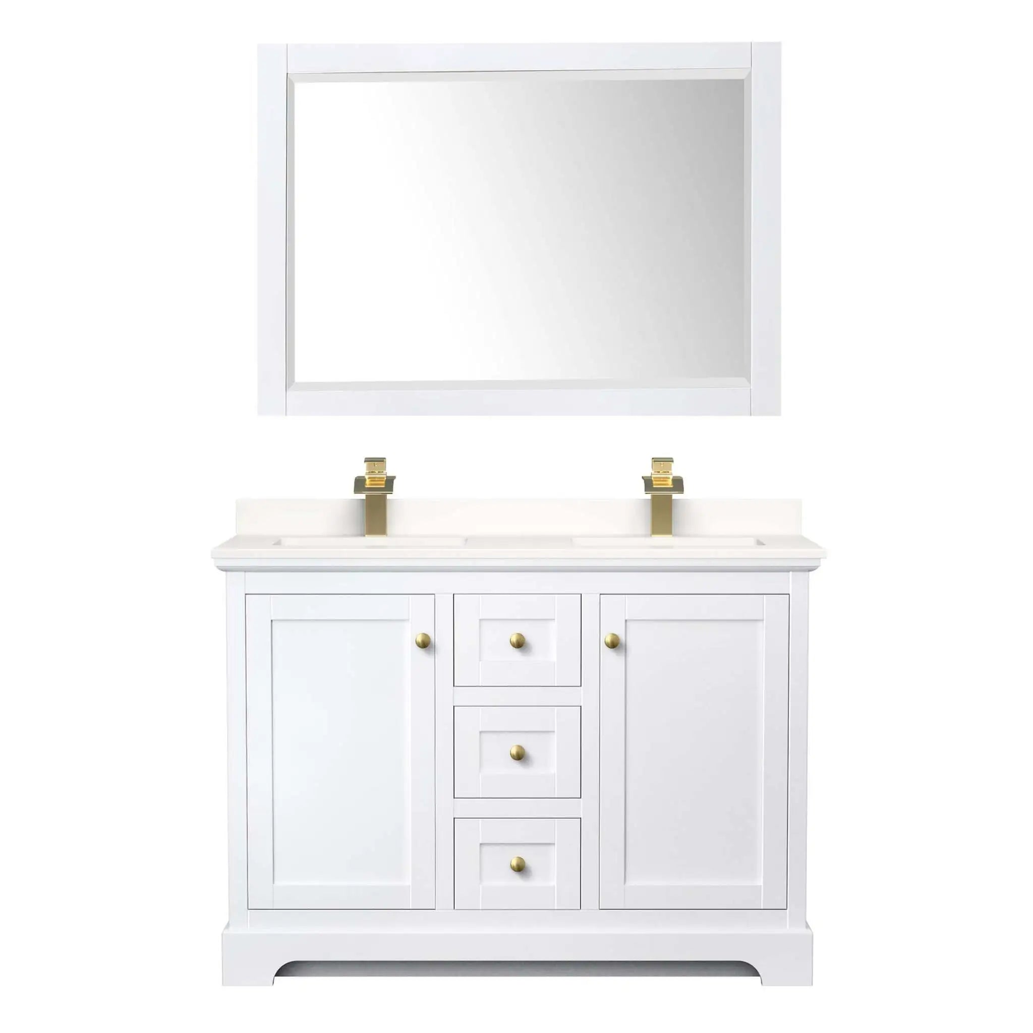48" Avery Double Bathroom Vanity in White with Brushed Gold Trim & 46" Mirror by Wyndham