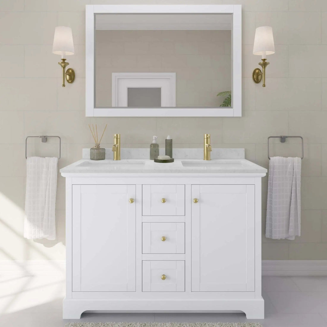 48" Avery Double Bathroom Vanity in White with Brushed Gold Trim by Wyndham