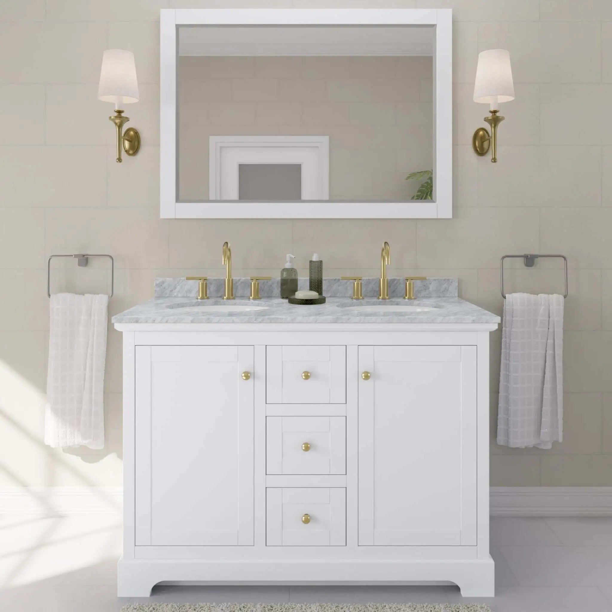 48" Avery Double Bathroom Vanity in White with Brushed Gold Trim by Wyndham