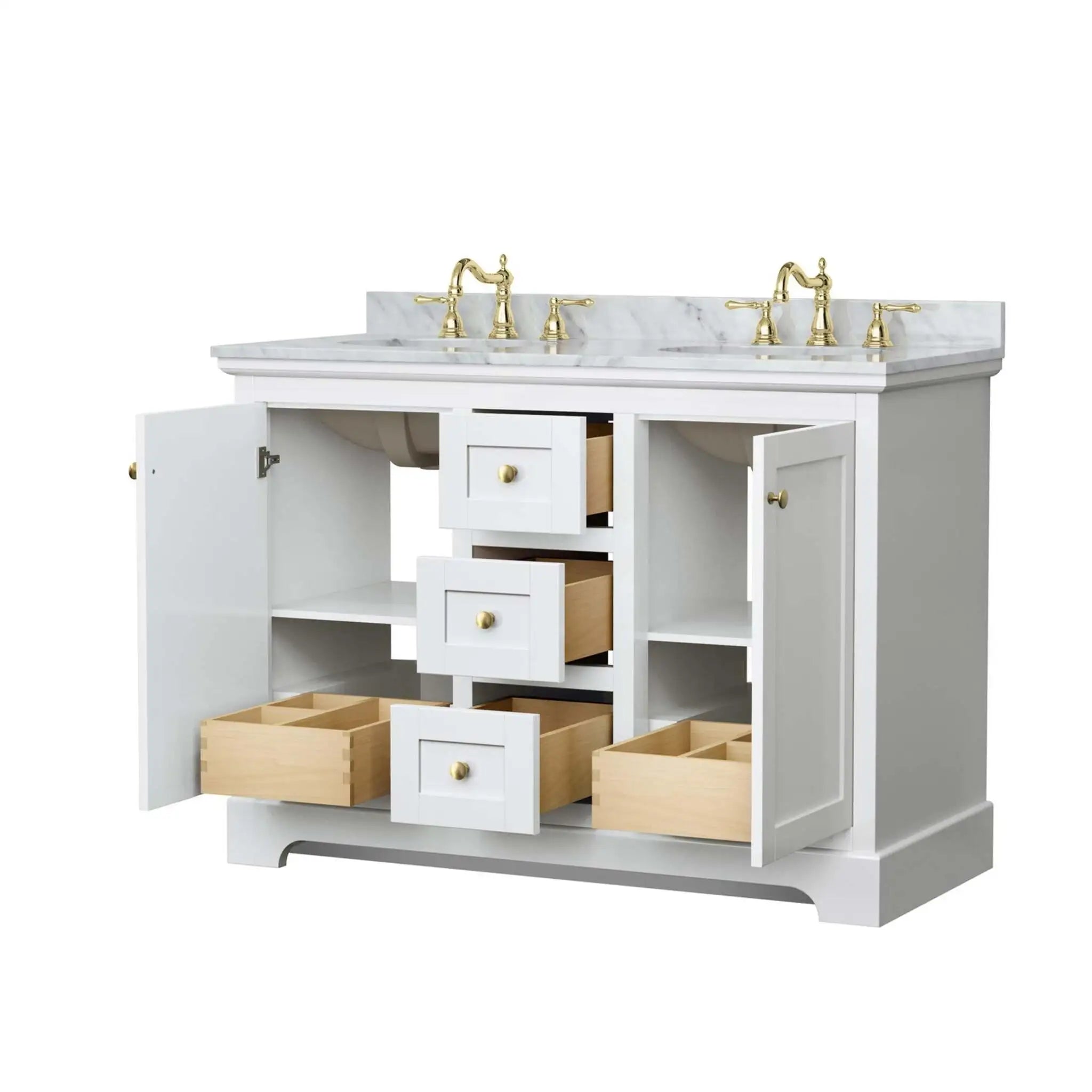48" Avery Double Bathroom Vanity in White with Brushed Gold Trim by Wyndham