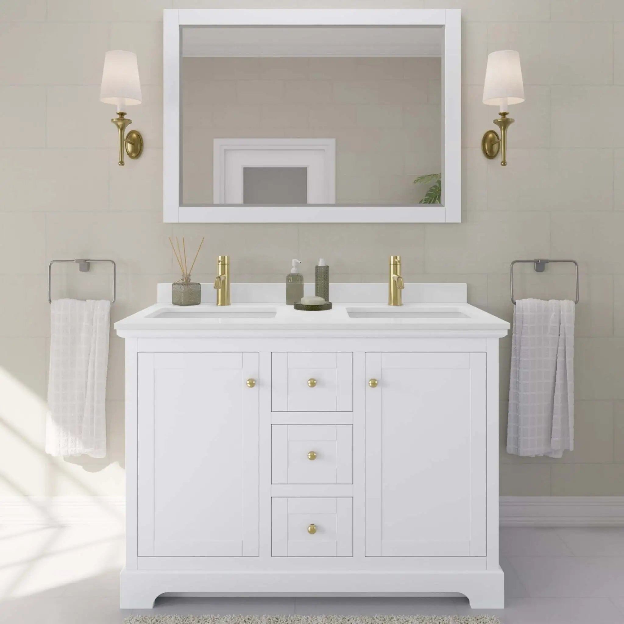 48" Avery Double Bathroom Vanity in White with Brushed Gold Trim by Wyndham