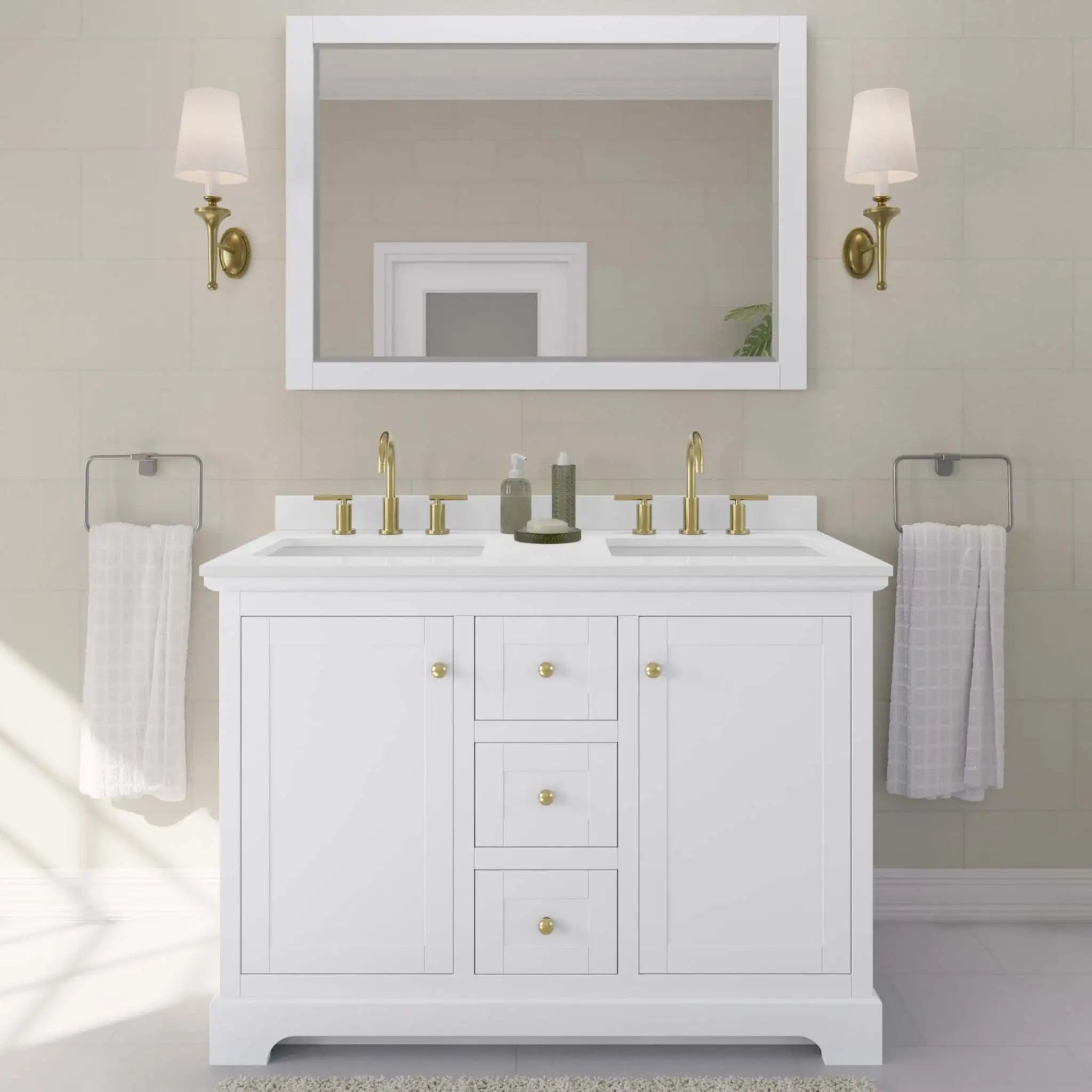 48" Avery Double Bathroom Vanity in White with Brushed Gold Trim by Wyndham