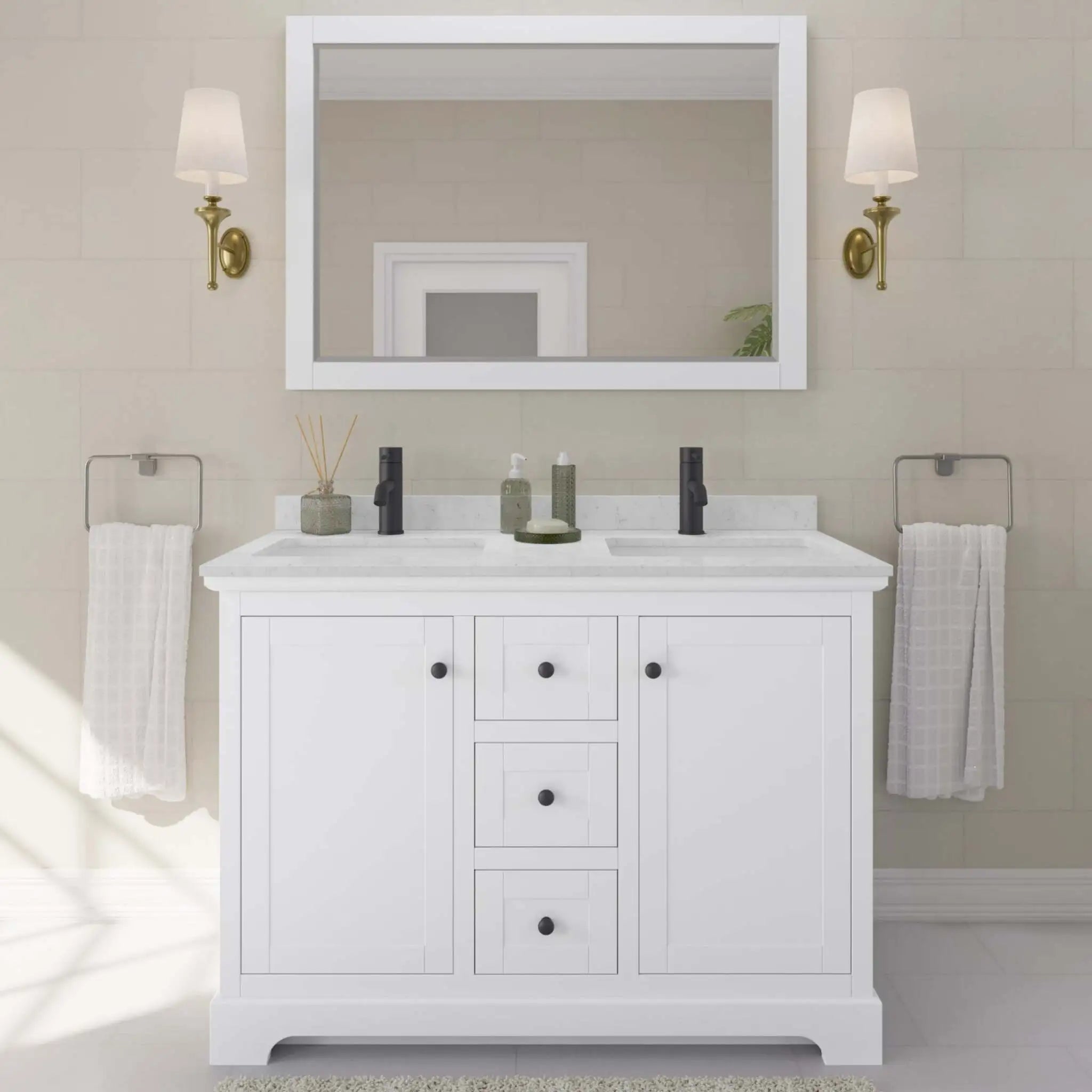 48" Avery Double Bathroom Vanity in White with Matte Black Trim & 46" Mirror by Wyndham