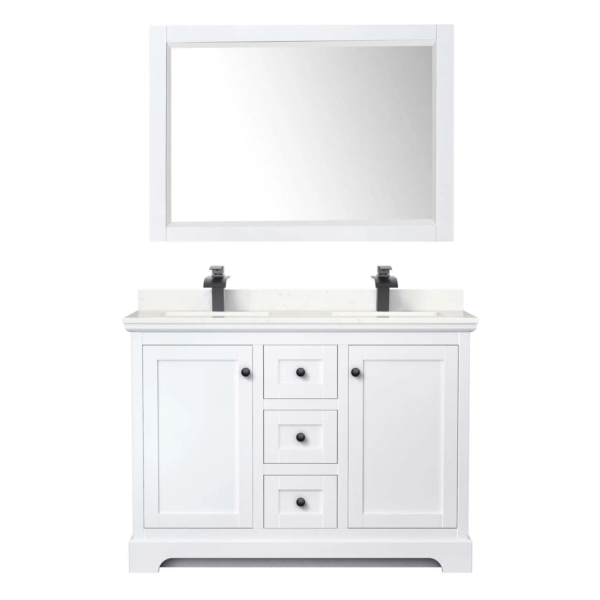 48" Avery Double Bathroom Vanity in White with Matte Black Trim & 46" Mirror by Wyndham