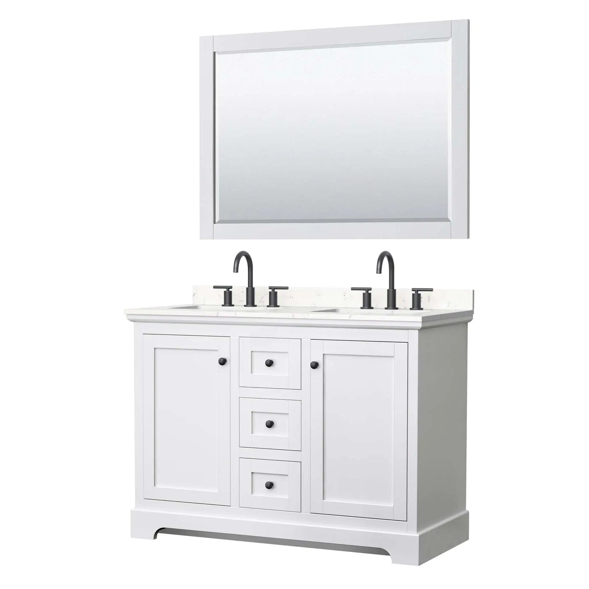 48" Avery Double Bathroom Vanity in White with Matte Black Trim & 46" Mirror by Wyndham