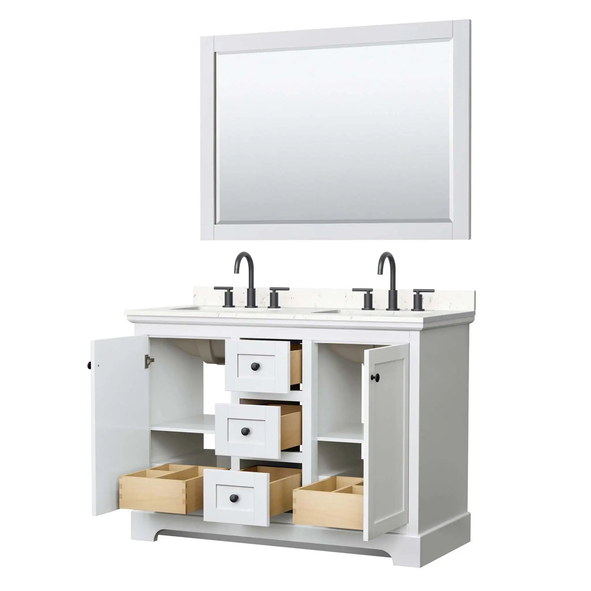 48" Avery Double Bathroom Vanity in White with Matte Black Trim & 46" Mirror by Wyndham