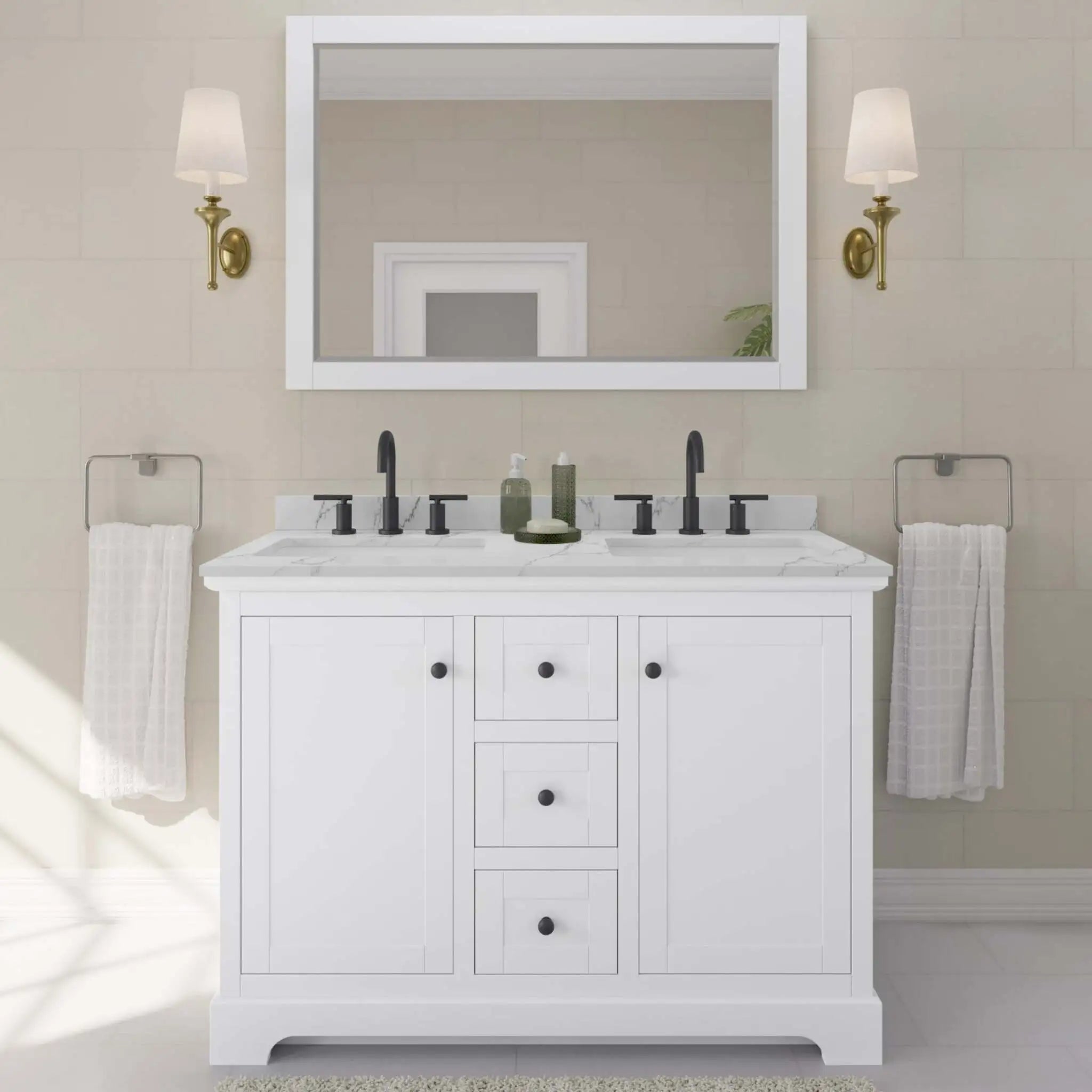 48" Avery Double Bathroom Vanity in White with Matte Black Trim & 46" Mirror by Wyndham