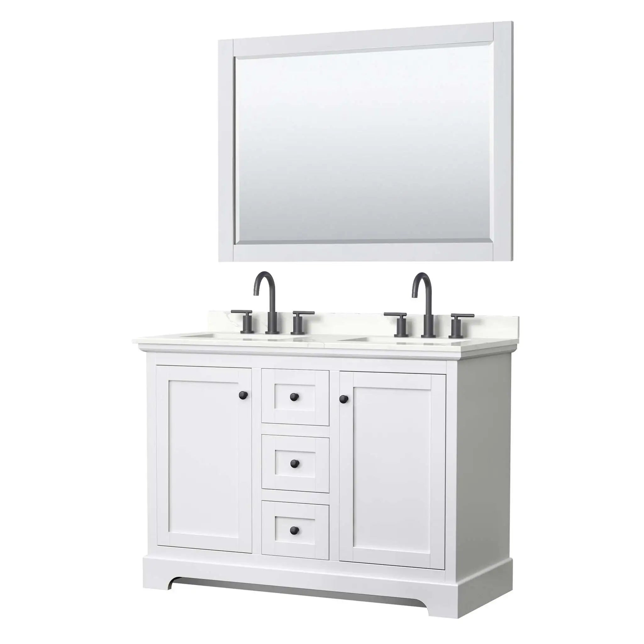 48" Avery Double Bathroom Vanity in White with Matte Black Trim & 46" Mirror by Wyndham