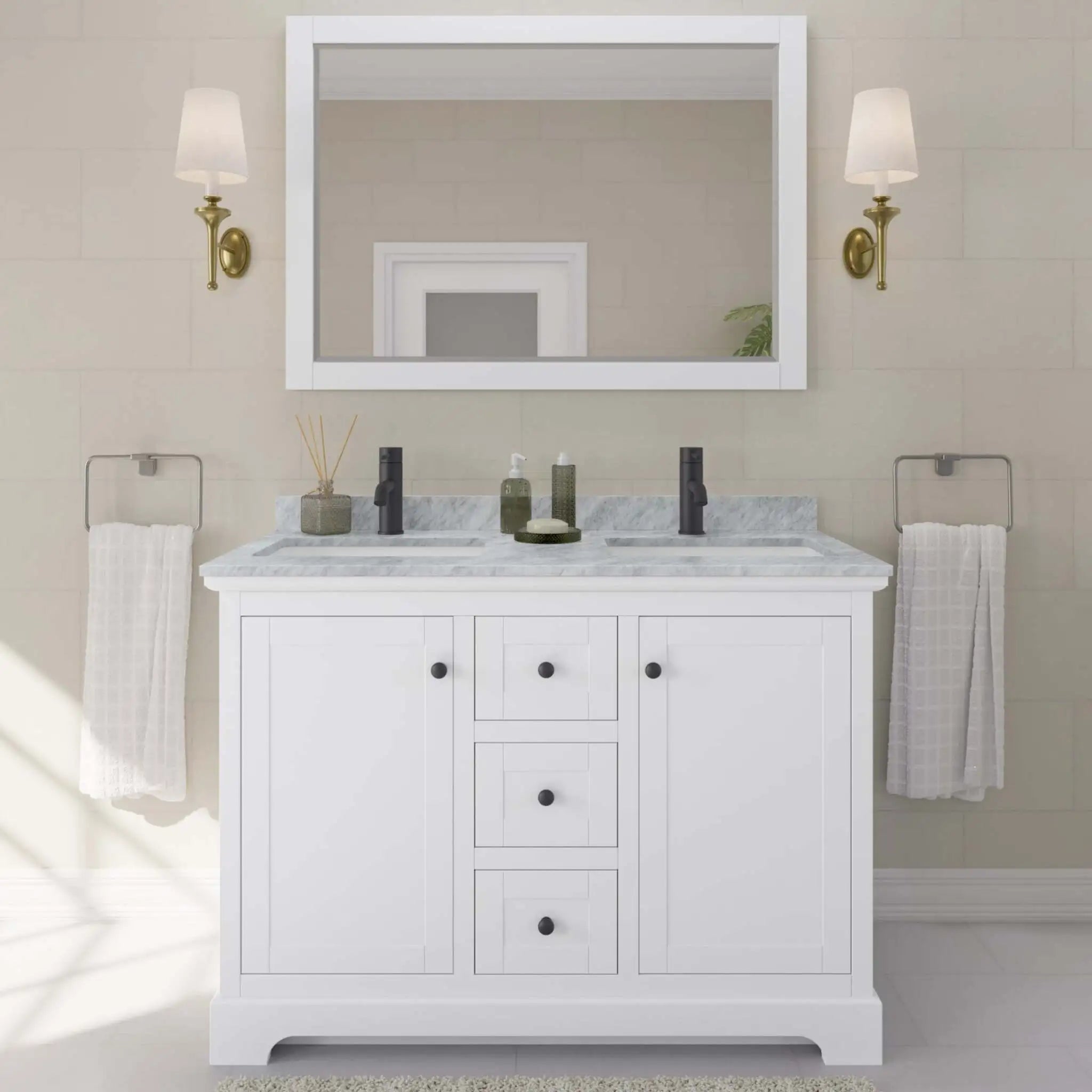 48" Avery Double Bathroom Vanity in White with Matte Black Trim & 46" Mirror by Wyndham
