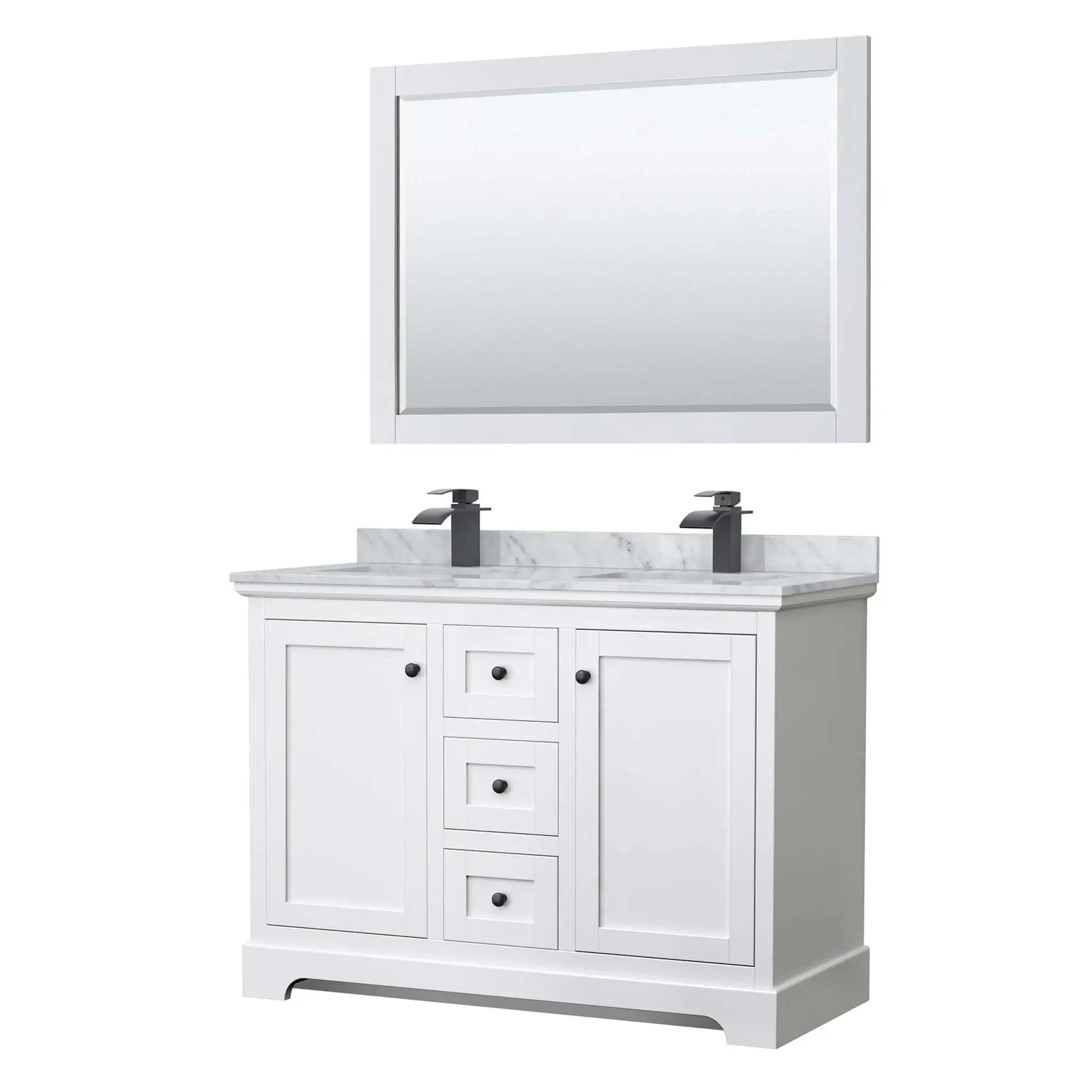 48" Avery Double Bathroom Vanity in White with Matte Black Trim & 46" Mirror by Wyndham