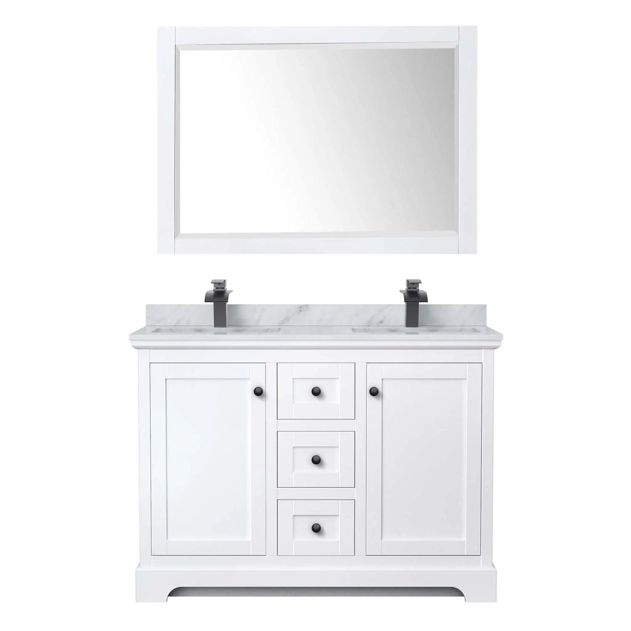48" Avery Double Bathroom Vanity in White with Matte Black Trim & 46" Mirror by Wyndham