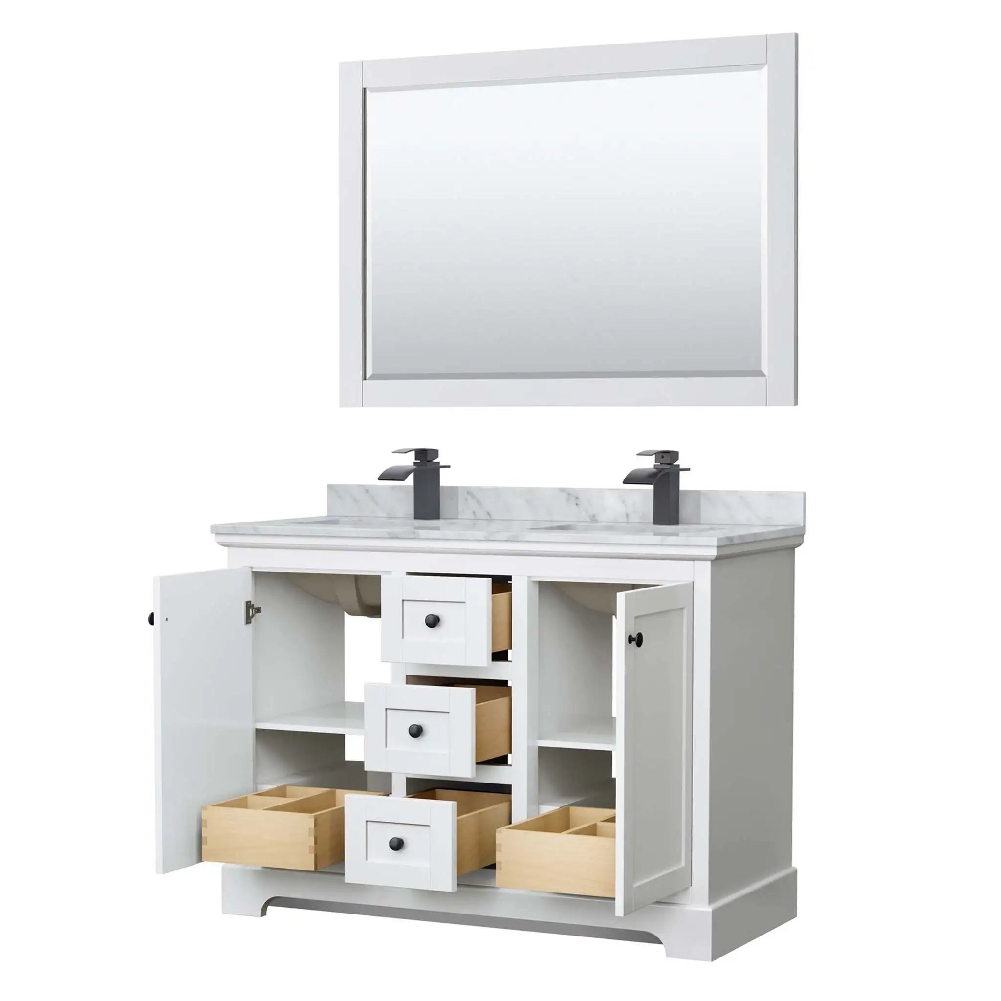 48" Avery Double Bathroom Vanity in White with Matte Black Trim & 46" Mirror by Wyndham