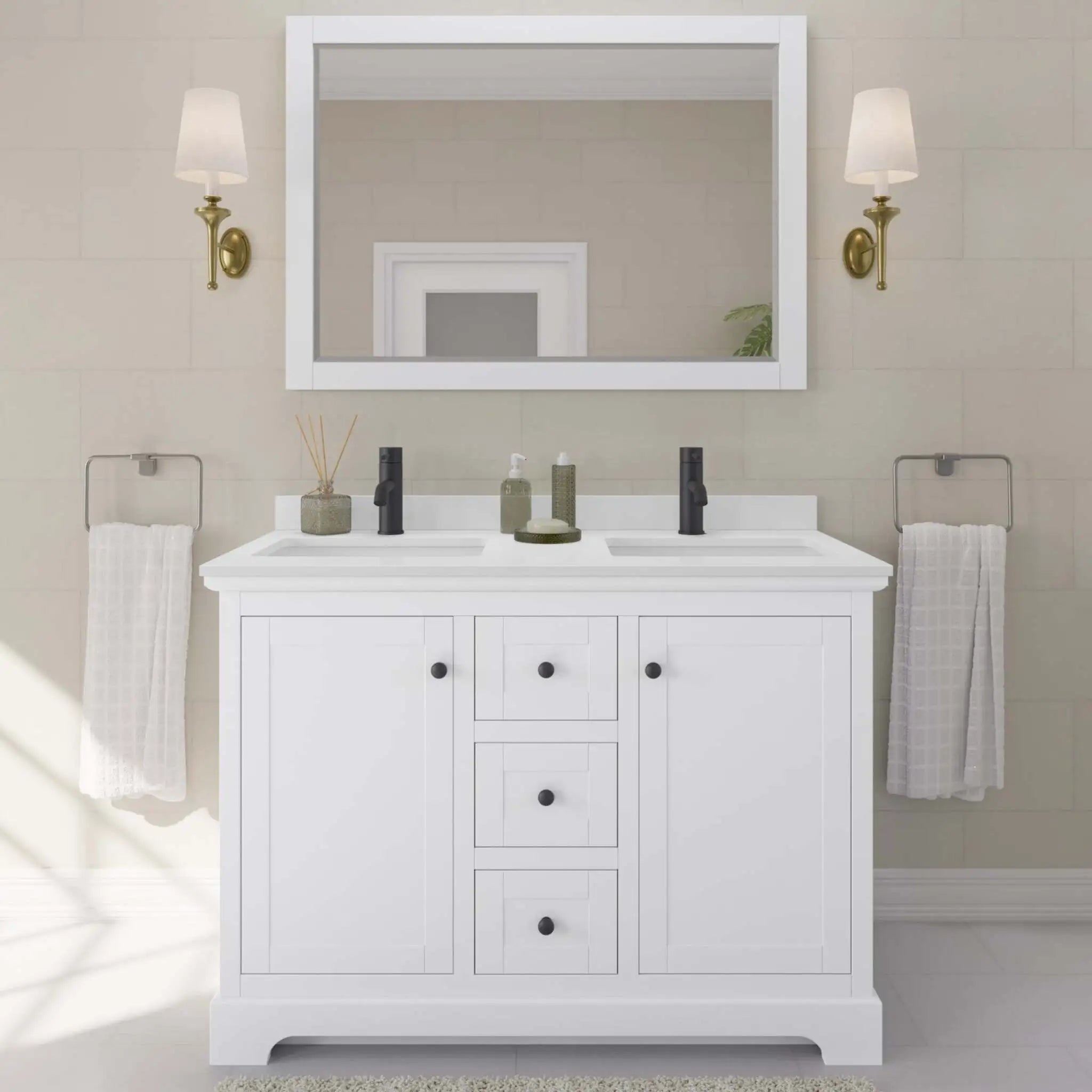 48" Avery Double Bathroom Vanity in White with Matte Black Trim & 46" Mirror by Wyndham