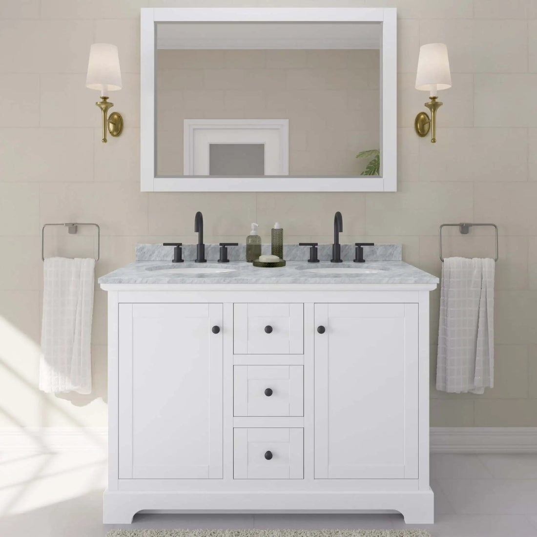 48" Avery Double Bathroom Vanity in White with Matte Black Trim by Wyndham
