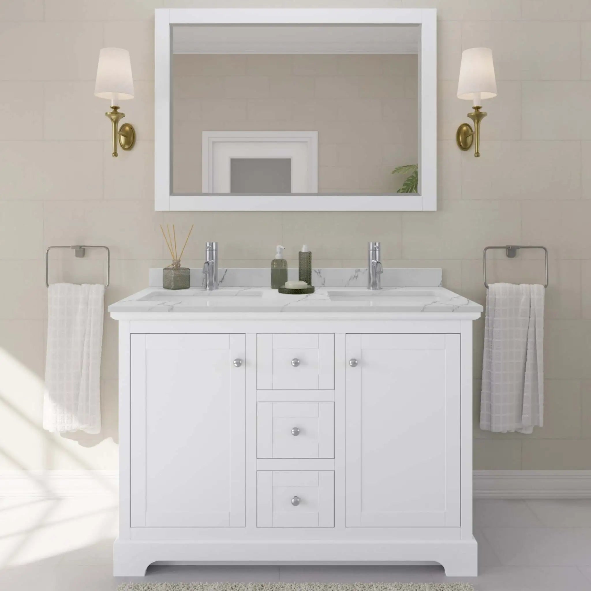 48" Avery Double Bathroom Vanity in White with Polished Chrome Trim & 46" Mirror by Wyndham