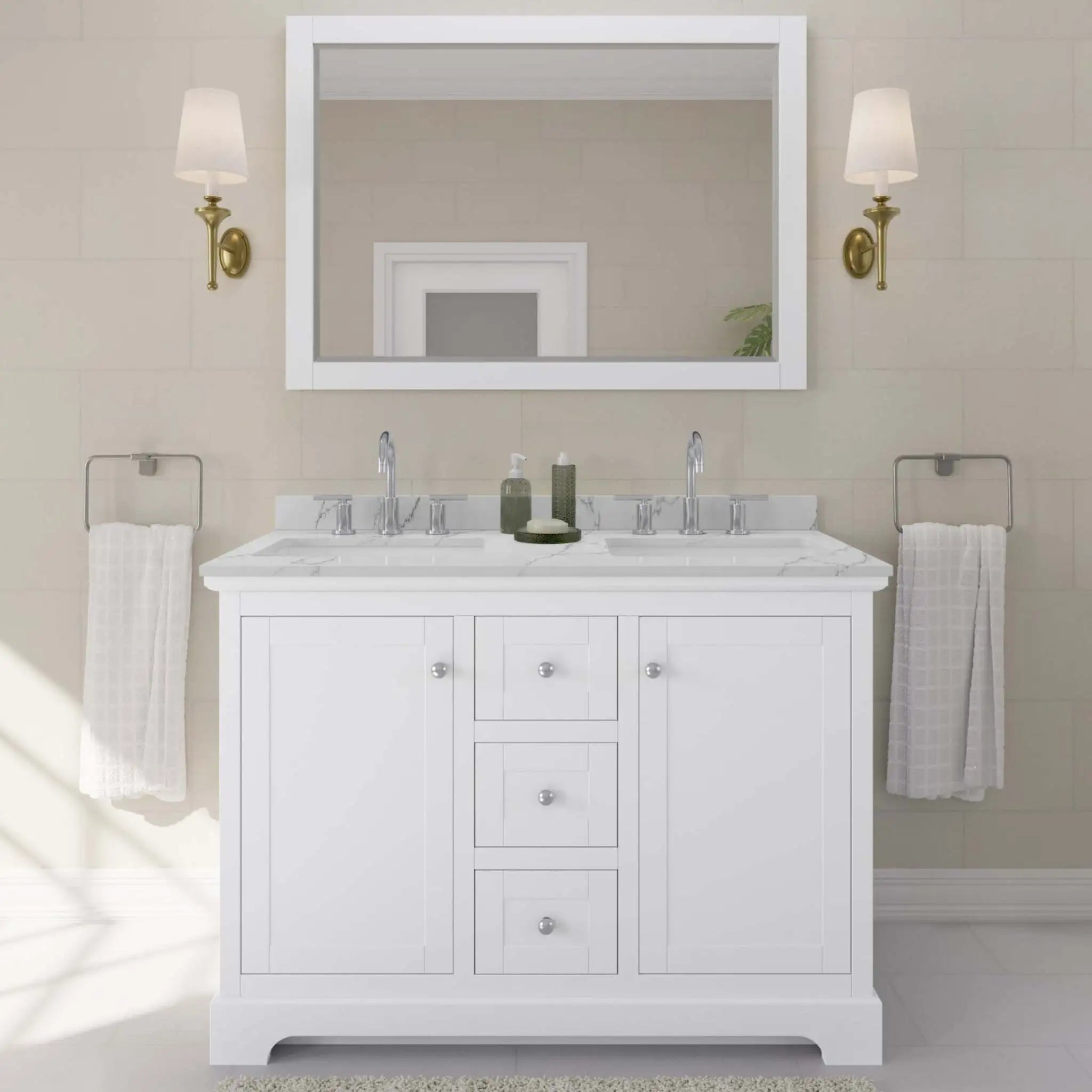 48" Avery Double Bathroom Vanity in White with Polished Chrome Trim & 46" Mirror by Wyndham