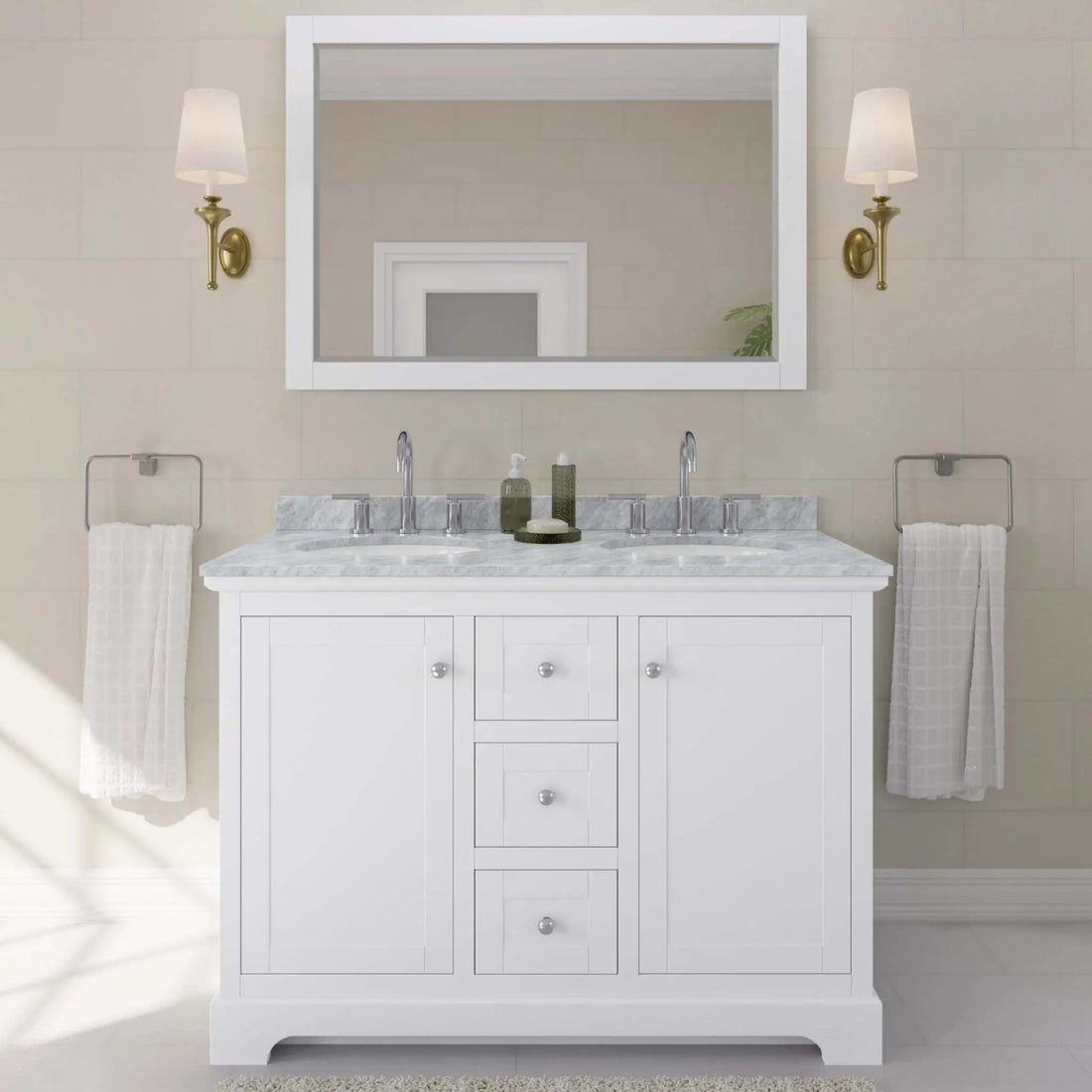 48" Avery Double Bathroom Vanity in White with Polished Chrome Trim & 46" Mirror by Wyndham