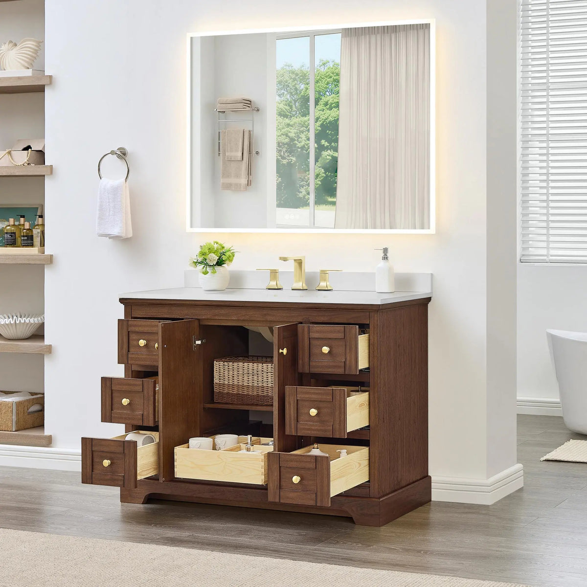 48" Avery Single Bathroom Vanity Dark Walnut Brushed Gold Trim by wyndham View 32