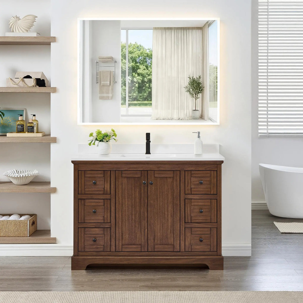 48" Avery Single Bathroom Vanity Dark Walnut Matte Black Trim by wyndham View 9