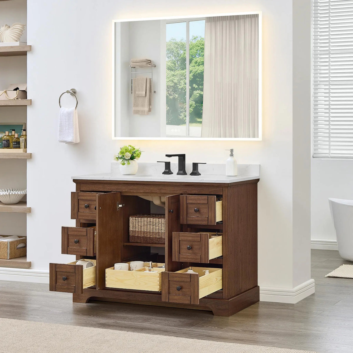 48" Avery Single Bathroom Vanity Dark Walnut Matte Black Trim by wyndham View 12