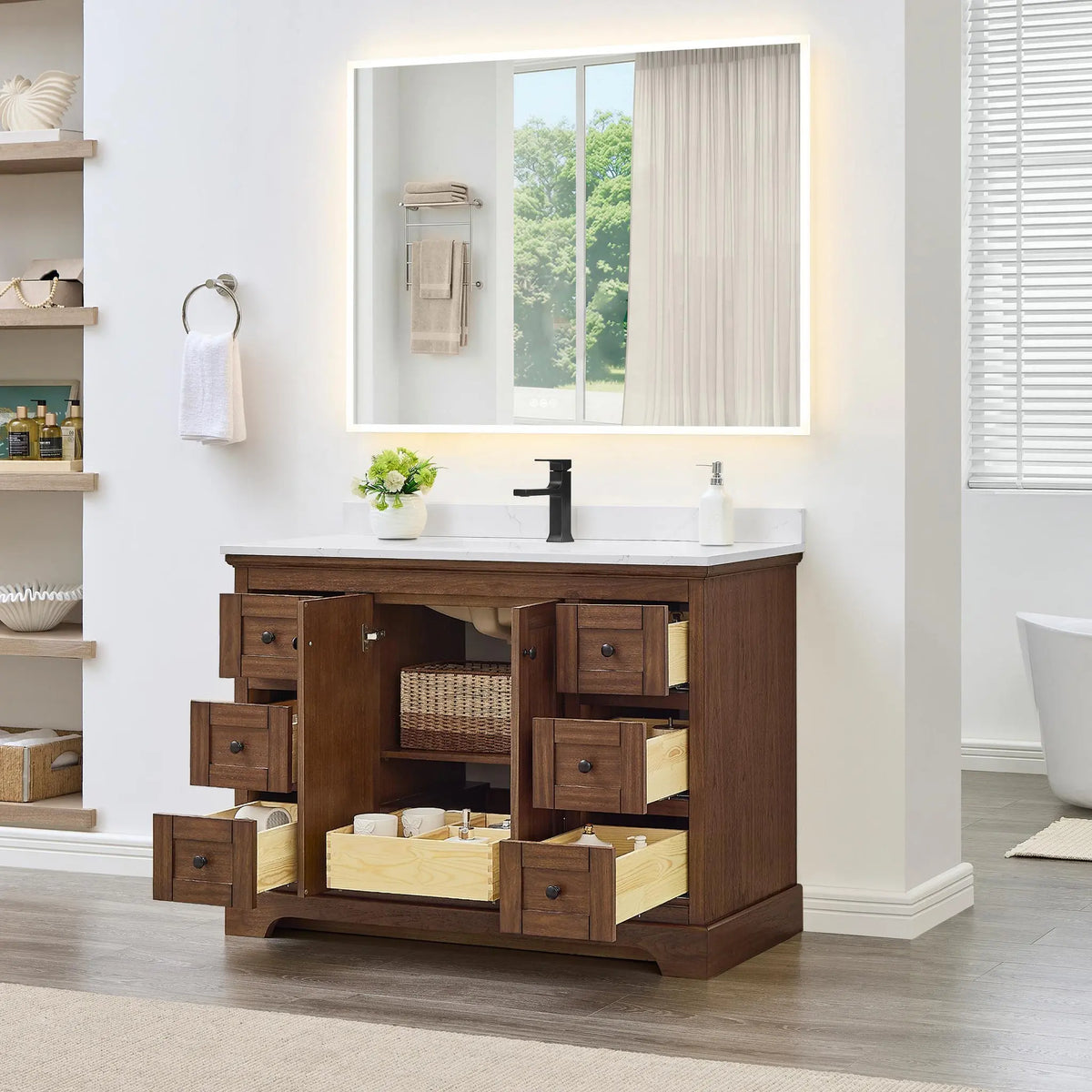 48" Avery Single Bathroom Vanity Dark Walnut Matte Black Trim by wyndham View 27