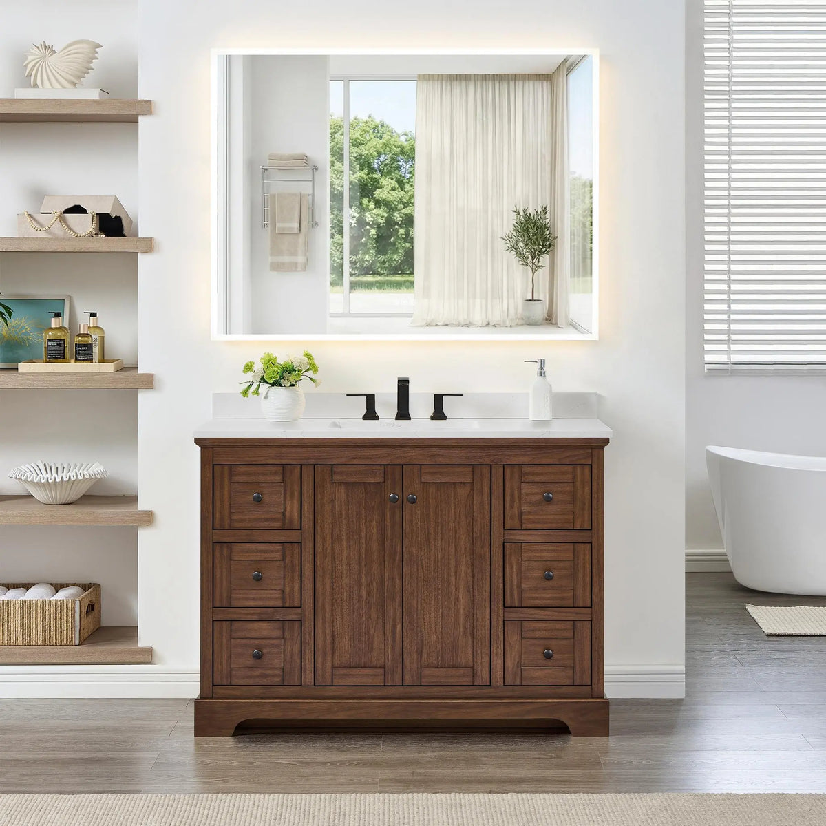 48" Avery Single Bathroom Vanity Dark Walnut Matte Black Trim by wyndham View 39