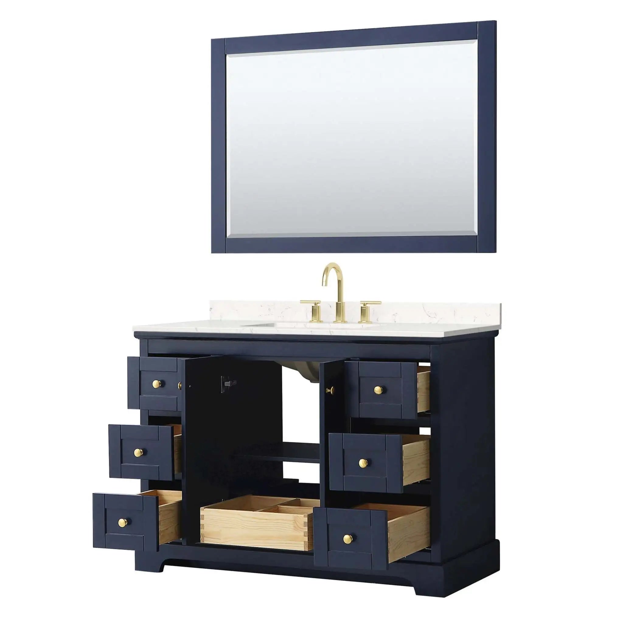 48" Avery Single Bathroom Vanity in Dark Blue with Brushed Gold Trim & 46" Mirror by Wyndham
