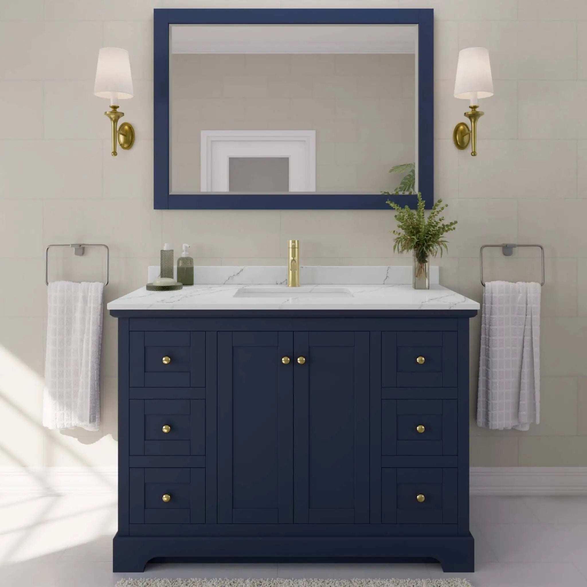48" Avery Single Bathroom Vanity in Dark Blue with Brushed Gold Trim & 46" Mirror by Wyndham