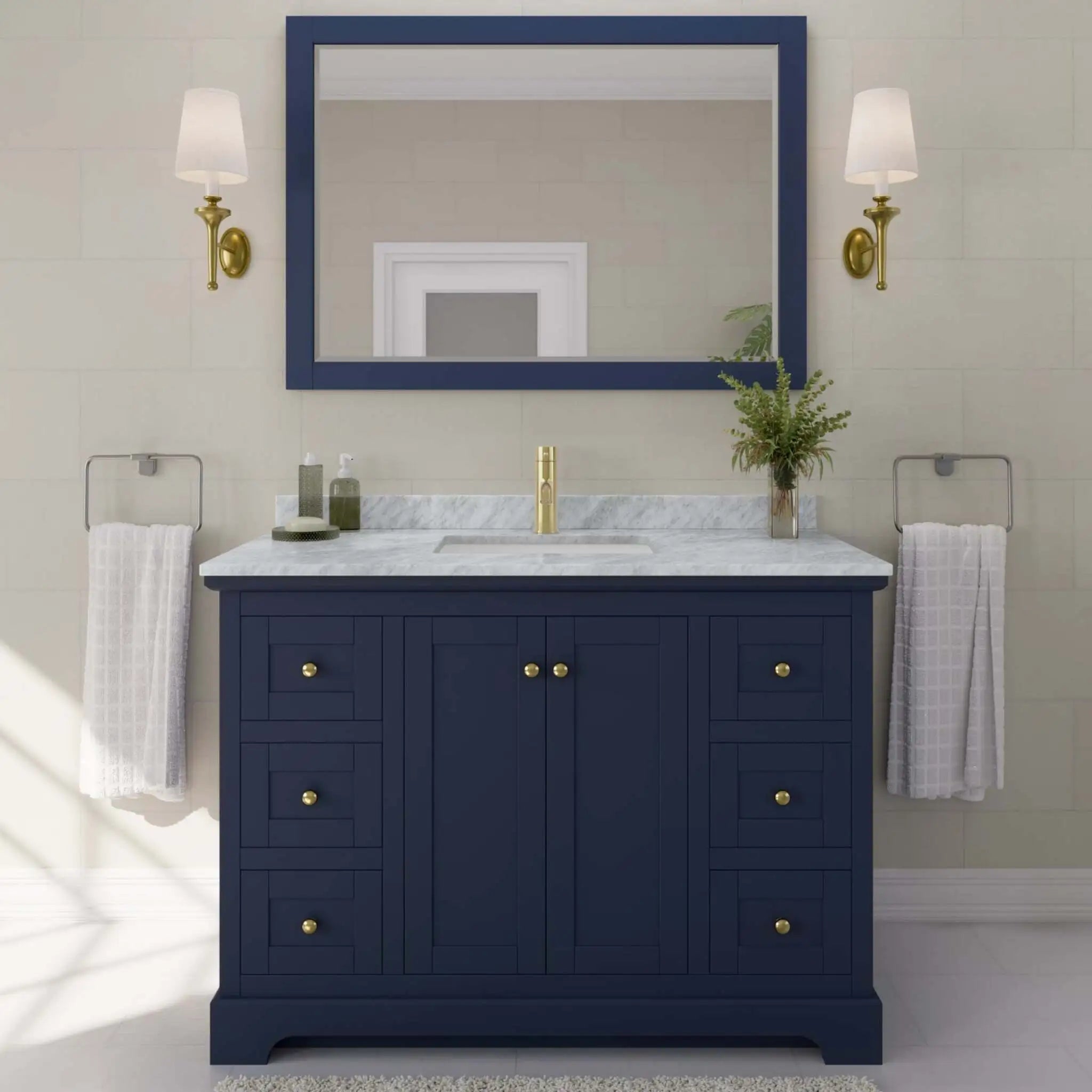 48" Avery Single Bathroom Vanity in Dark Blue with Brushed Gold Trim & 46" Mirror by Wyndham