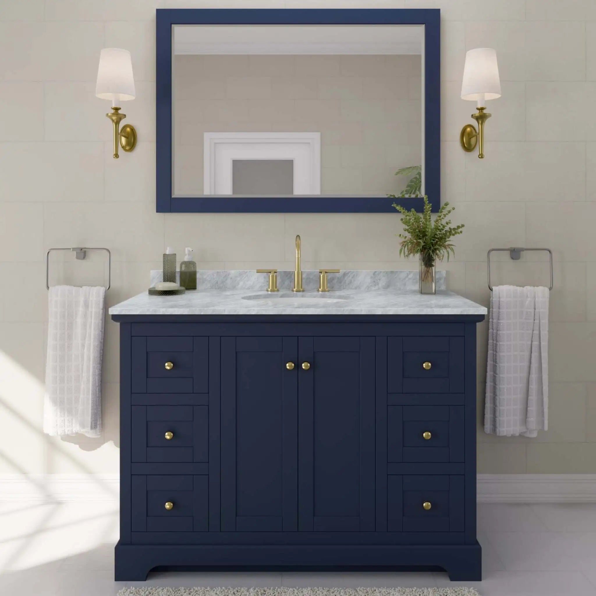 48" Avery Single Bathroom Vanity in Dark Blue with Brushed Gold Trim & 46" Mirror by Wyndham