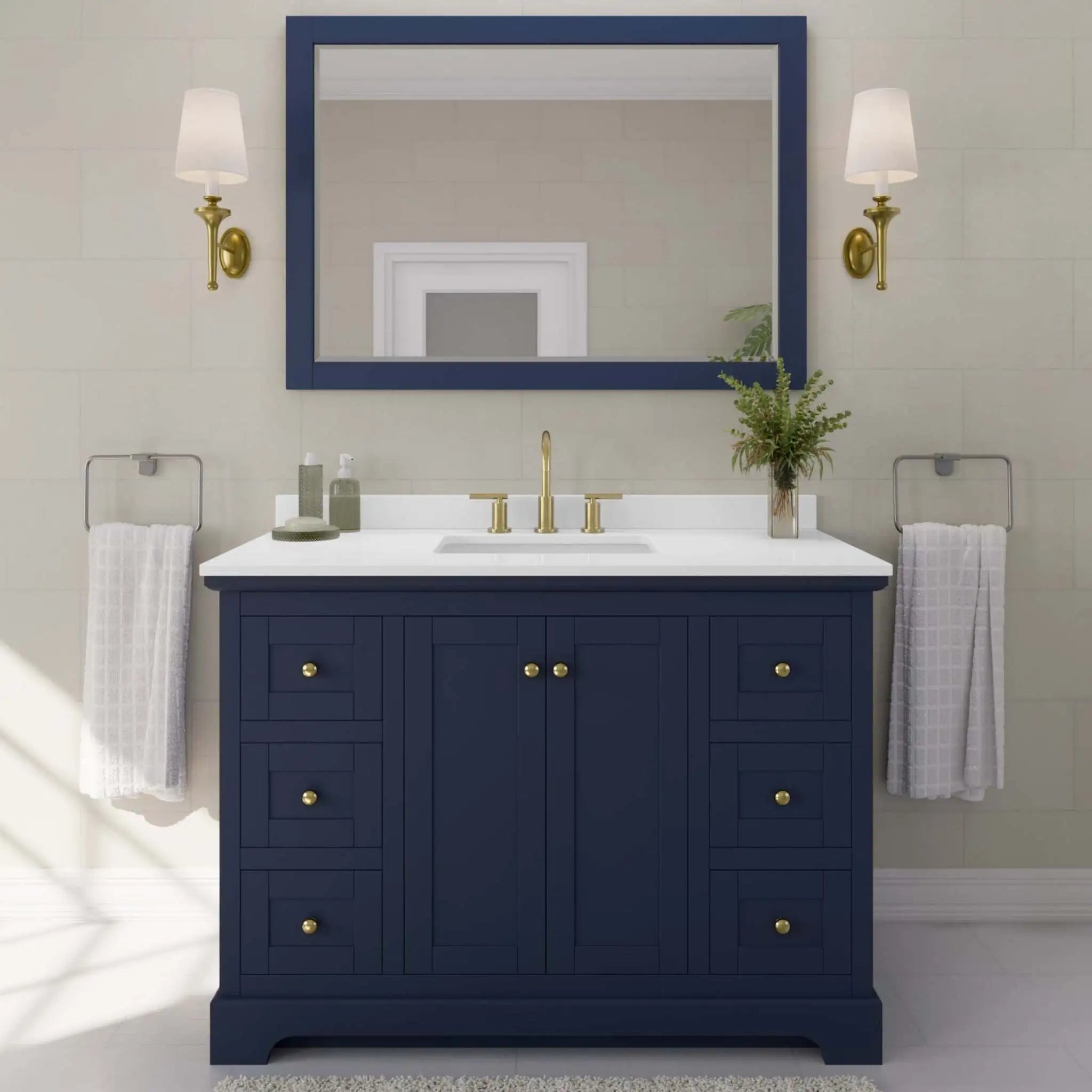48" Avery Single Bathroom Vanity in Dark Blue with Brushed Gold Trim & 46" Mirror by Wyndham